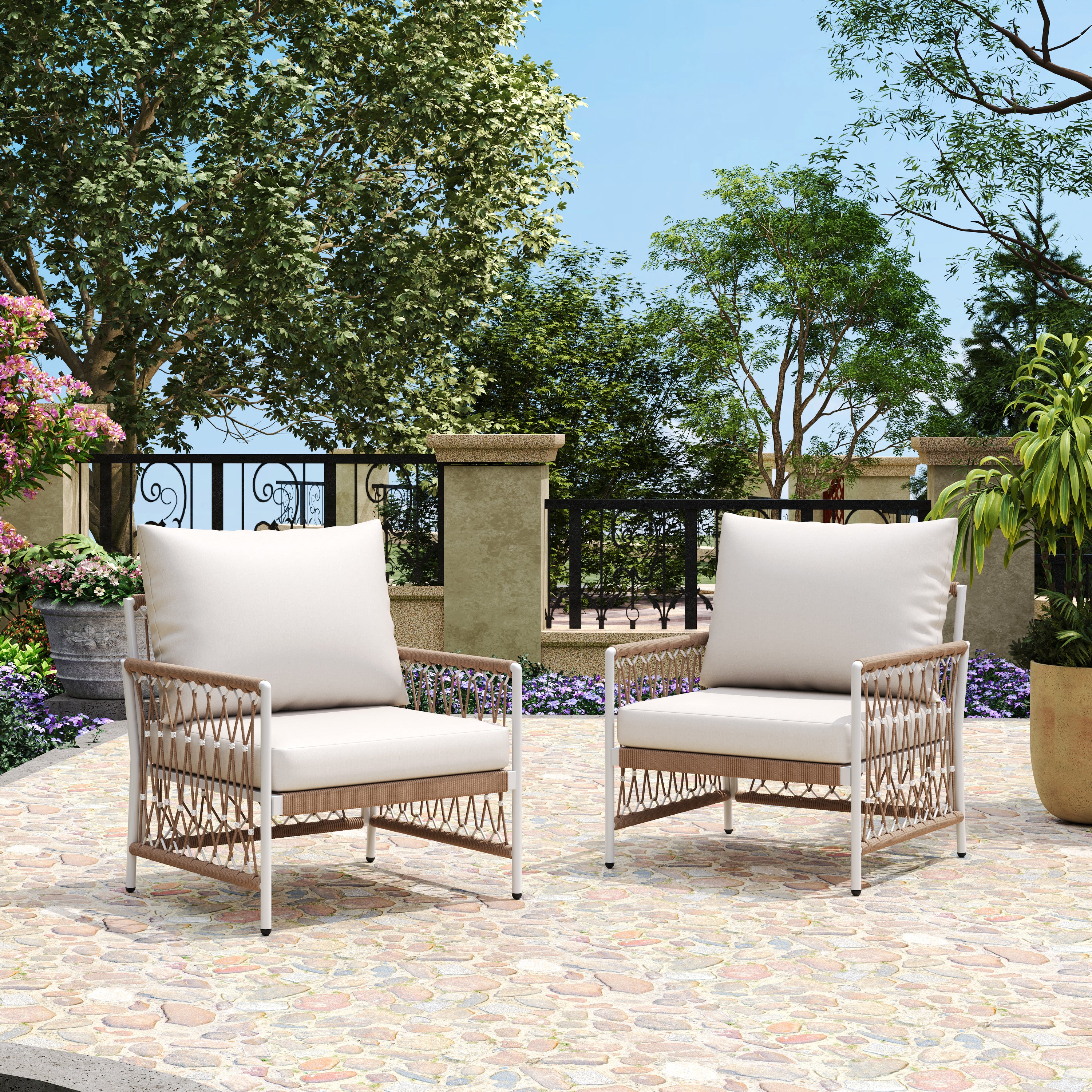 Caspian Outdoor Handwoven Rope Accent Chairs, Set of 2