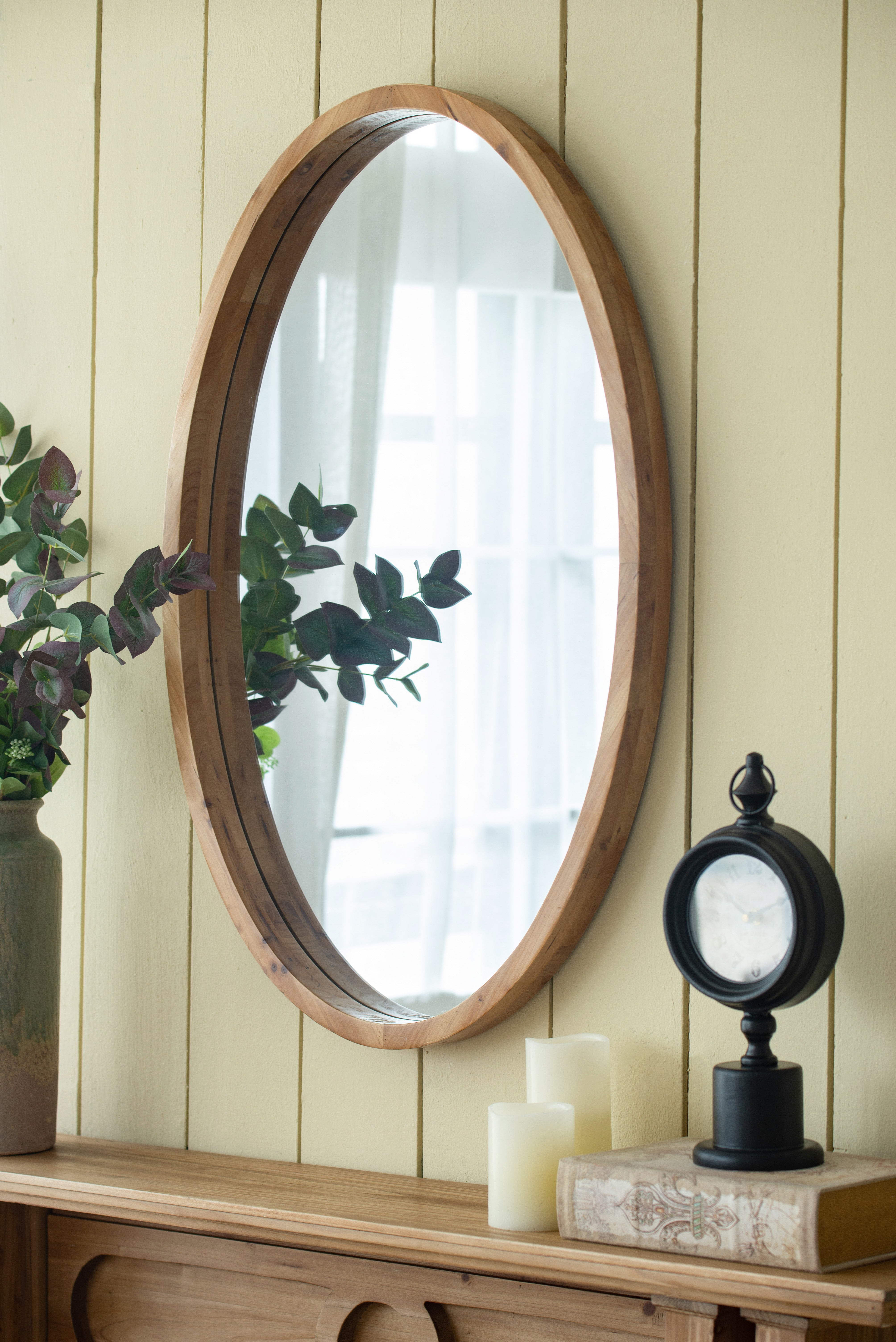 Oval Wall Mirror with Wood Frame
