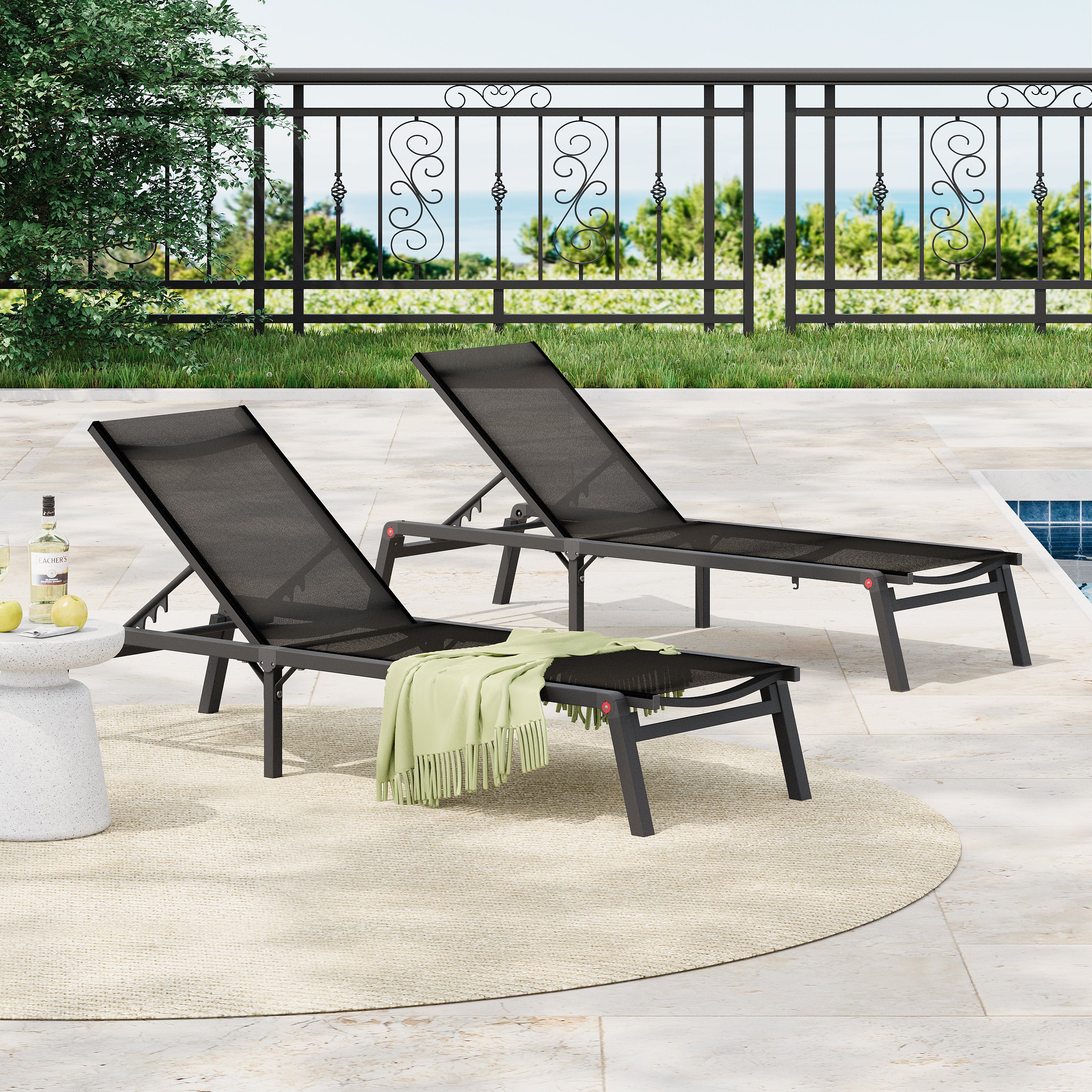 Outdoor Folding Lounge with Aluminum Frame and Adjustable Backrest, Set of 2