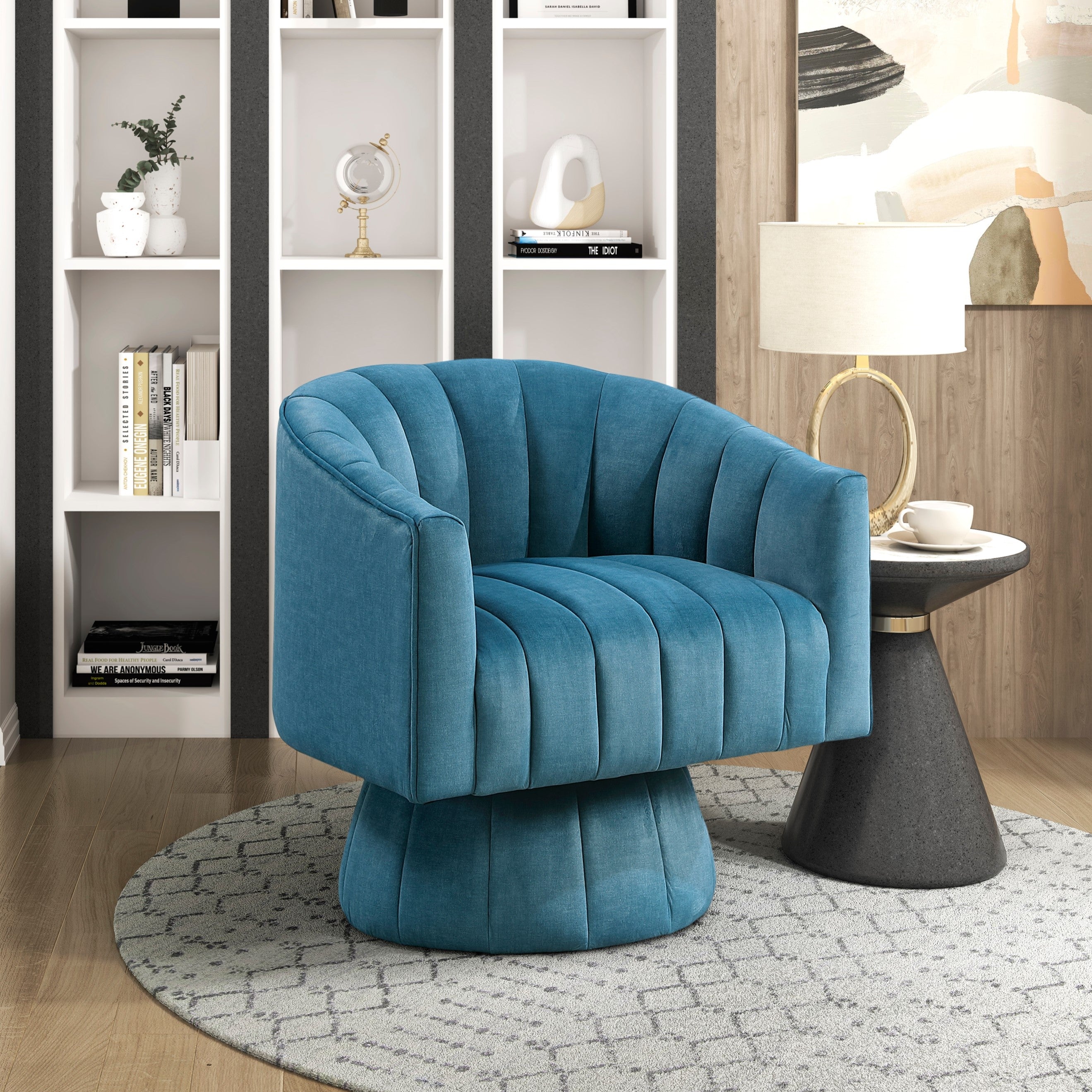 Modern Velvet Accent Swivel Chair, Barrel Back