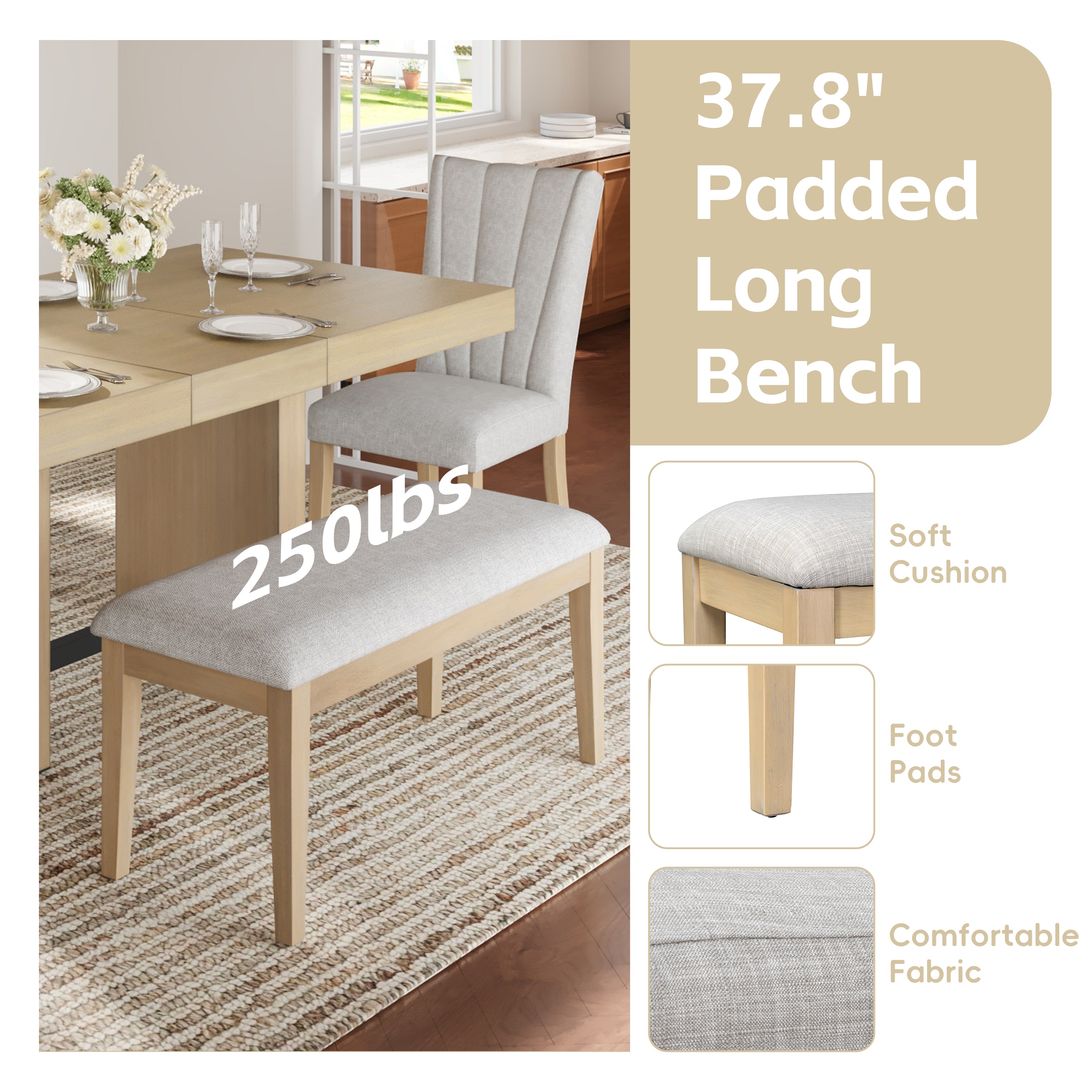 Meadowlark Farmhouse Extendable Wood Dining Table with 4 Upholstered Chairs & Bench