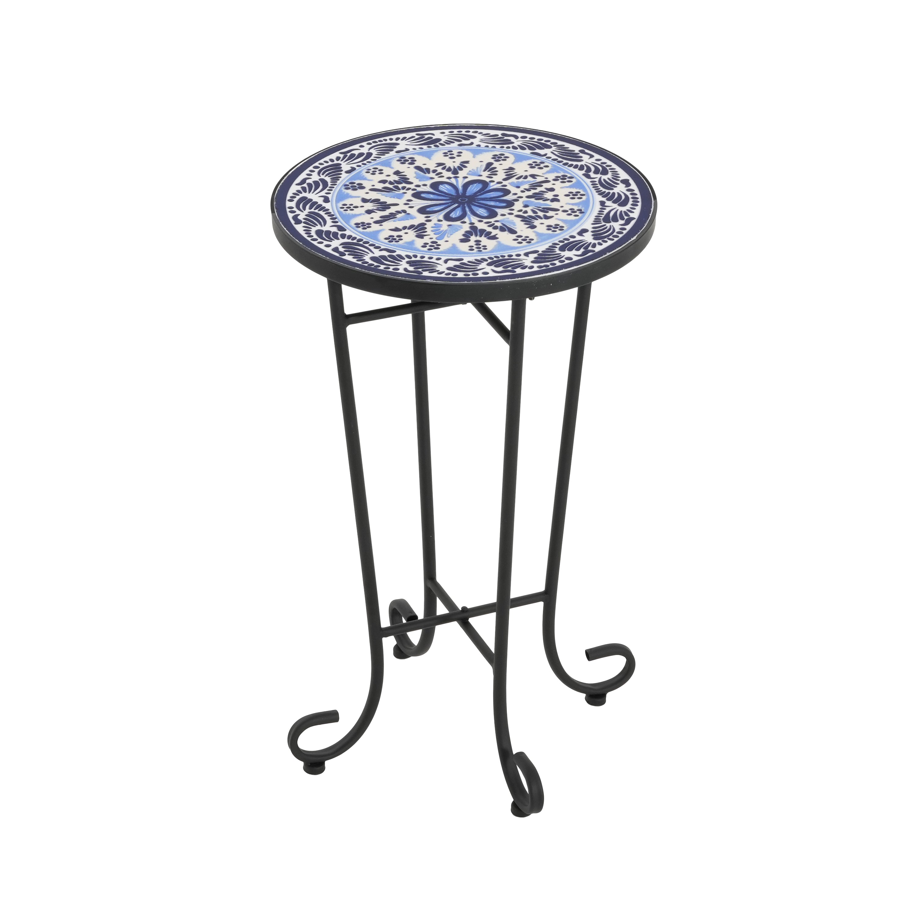 Warmthly Outdoor Round Side Table with Vibrant Tile Top and Elegant Scrolling Legs