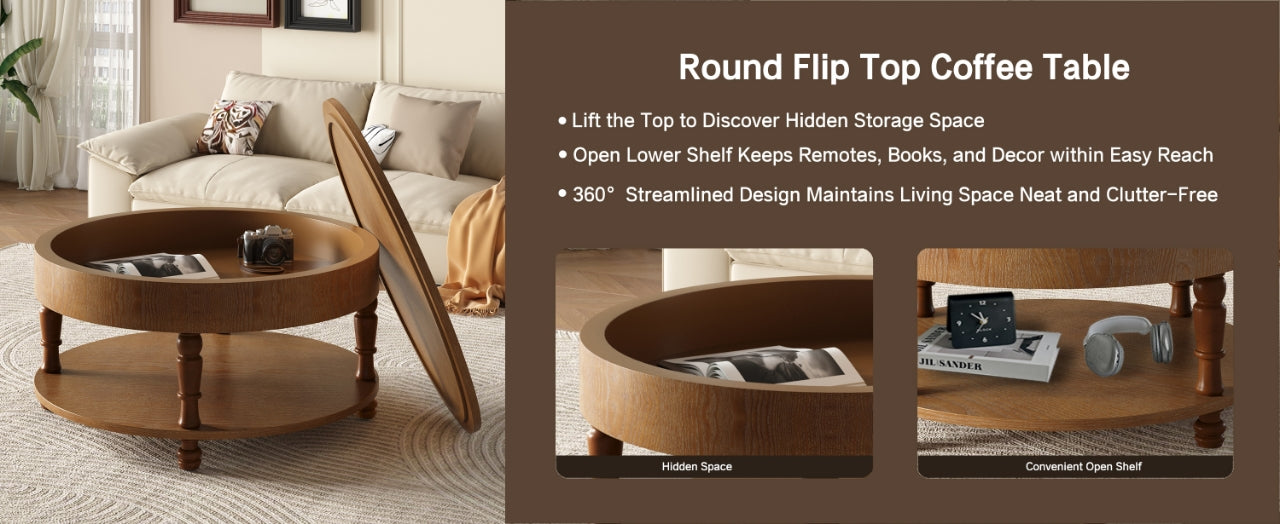 Traditional Round Coffee Table with Storage and Hidden Compartment