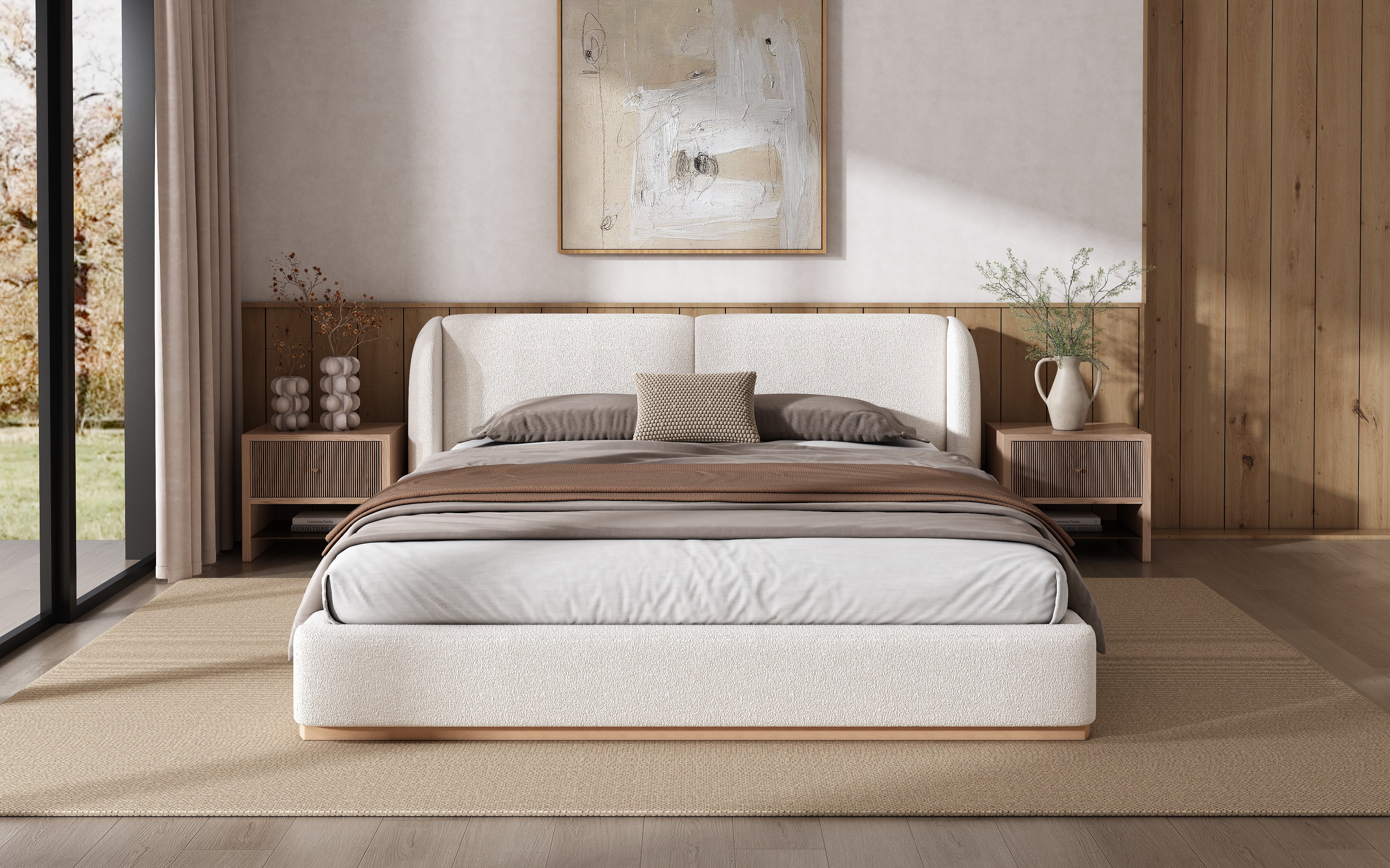 Bed Frame with Boucle Upholstered Wingback Headboard
