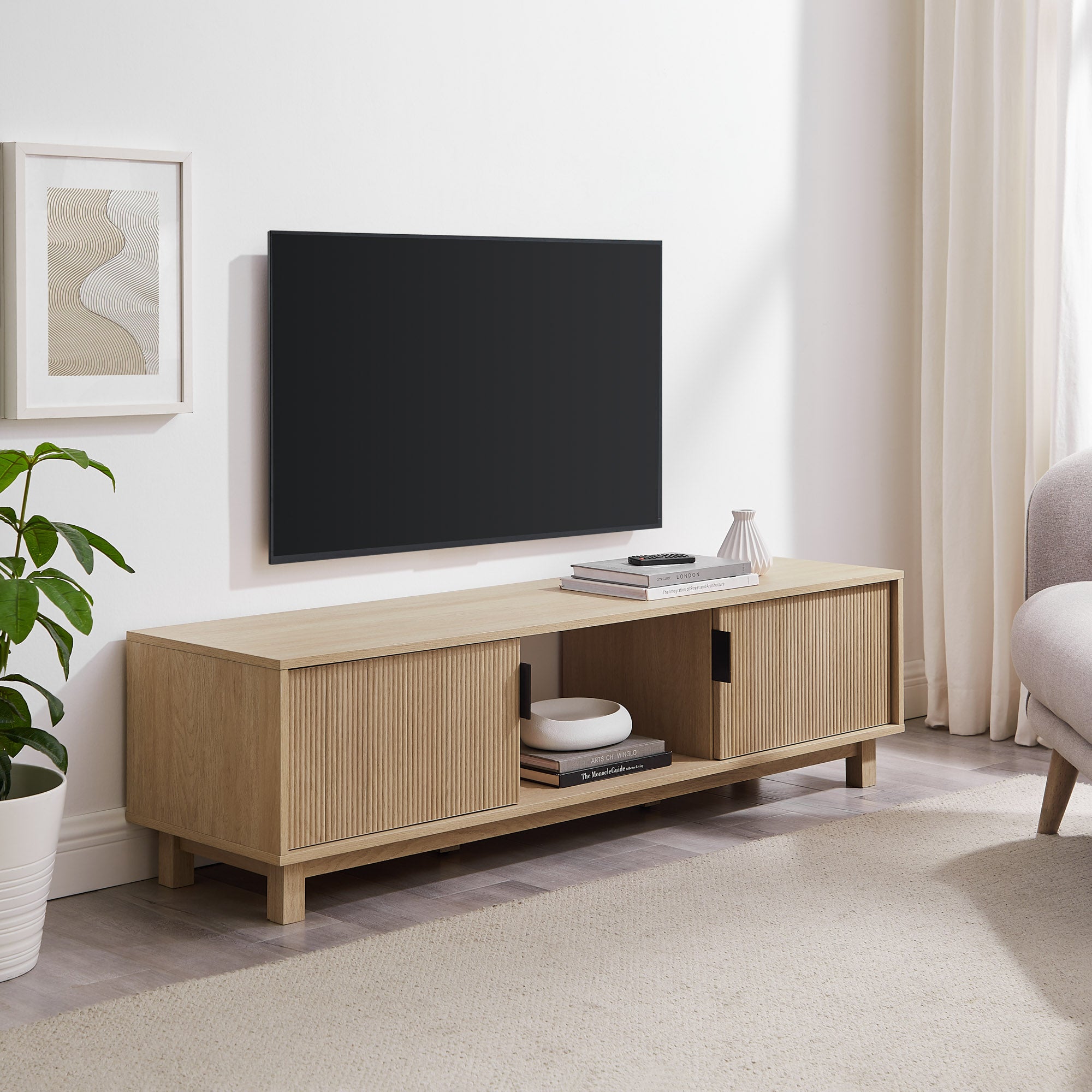 Vibrato Fluted-Door TV Stand with Open Shelf