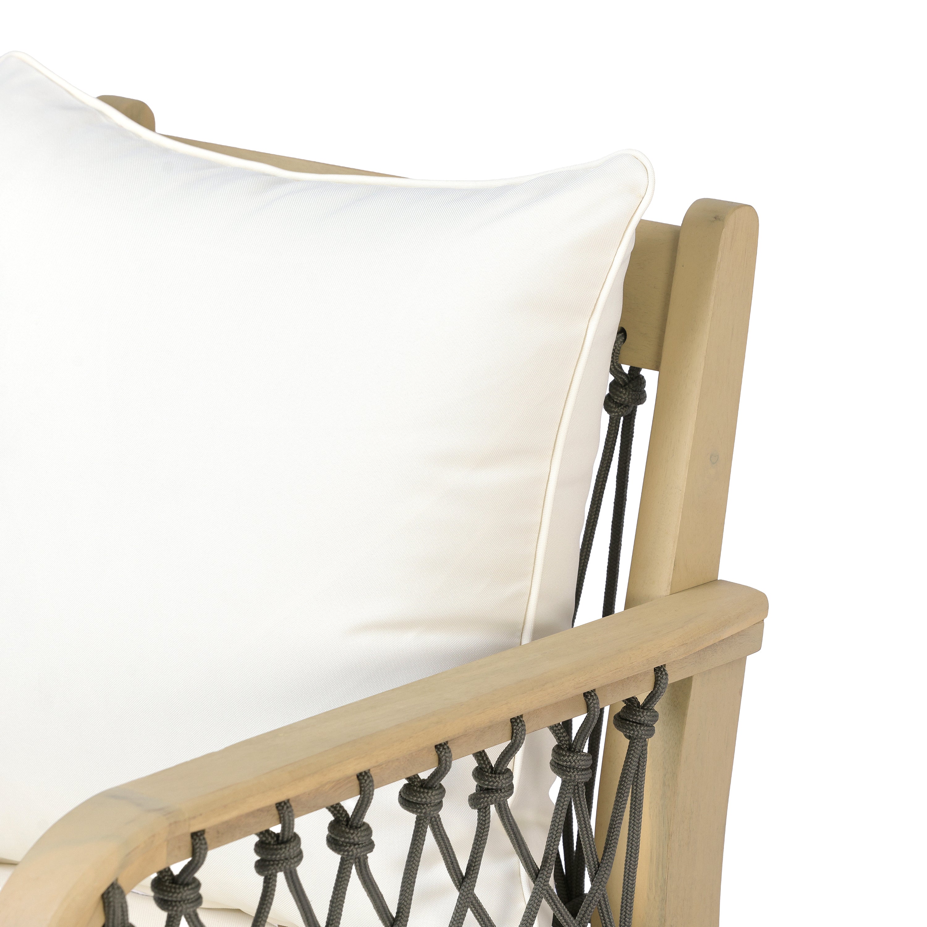 Outdoor Patio Acacia Wood Chairs With Woven Rope Arms(Set of 2), Weather-Resistant Cushions,Light teak+Dark grey rope+Cream beige cushion