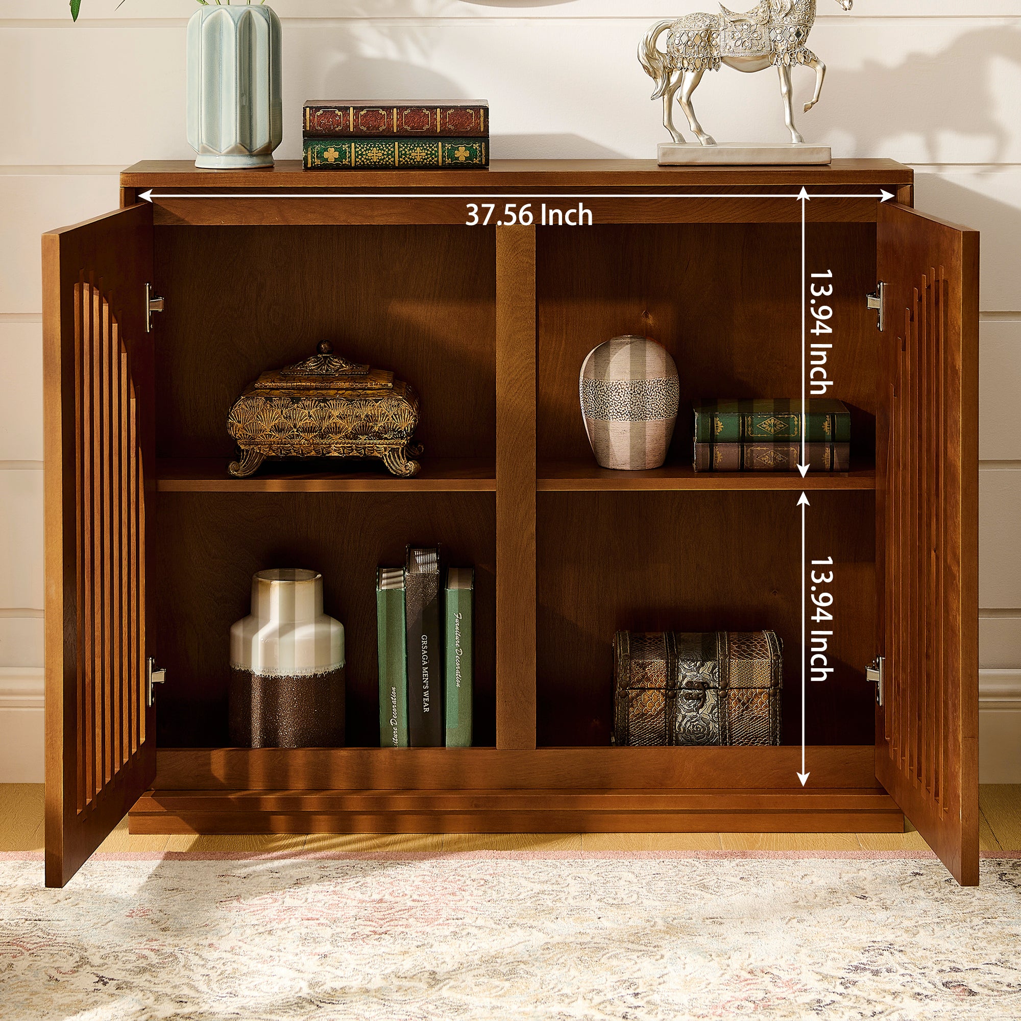 Mid-Century Modern Fluted Narrow Storage Cabinet with 2 Outlet Holes