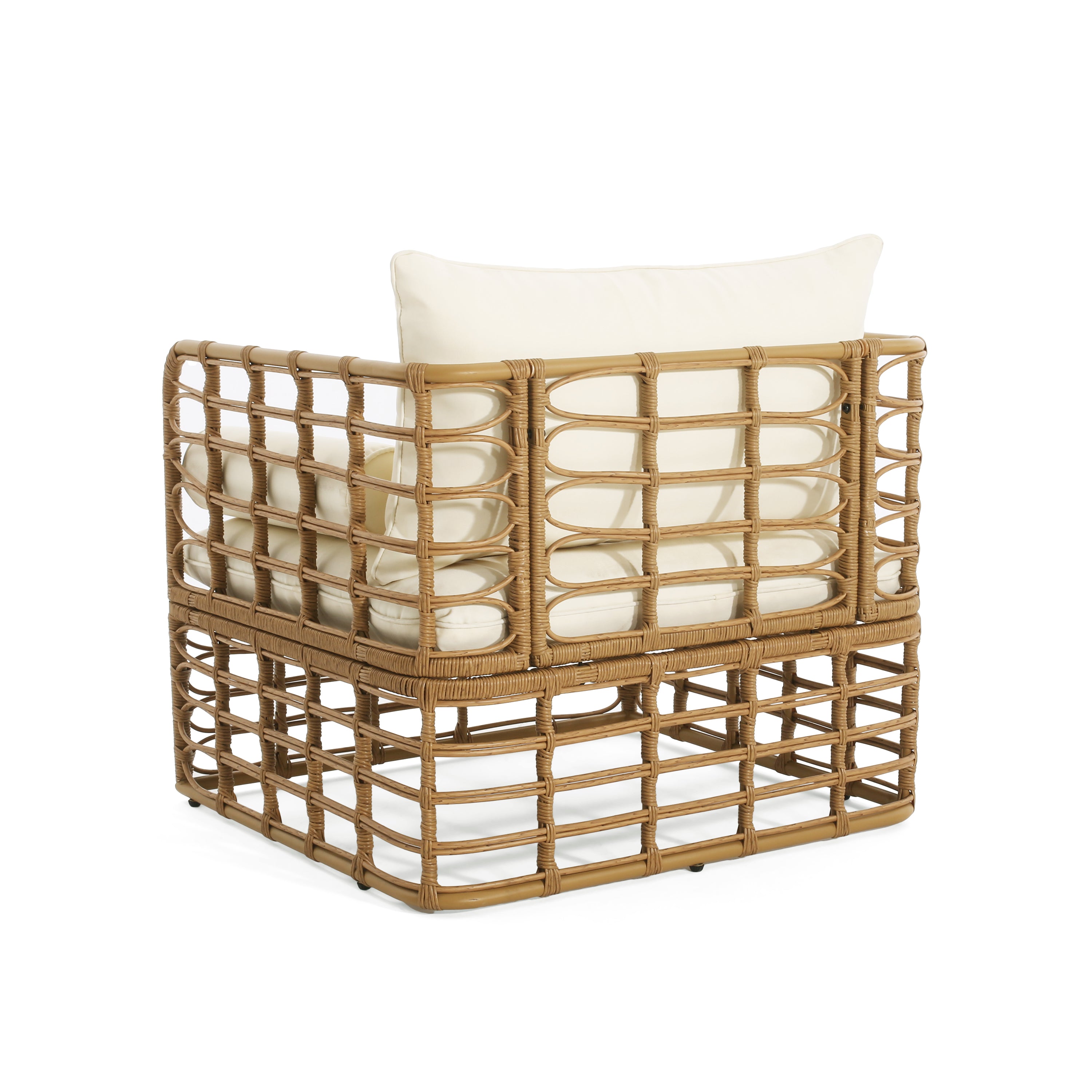 Blithely Outdoor Rattan Accent Chair with Cushions and Open Weave Boho Design