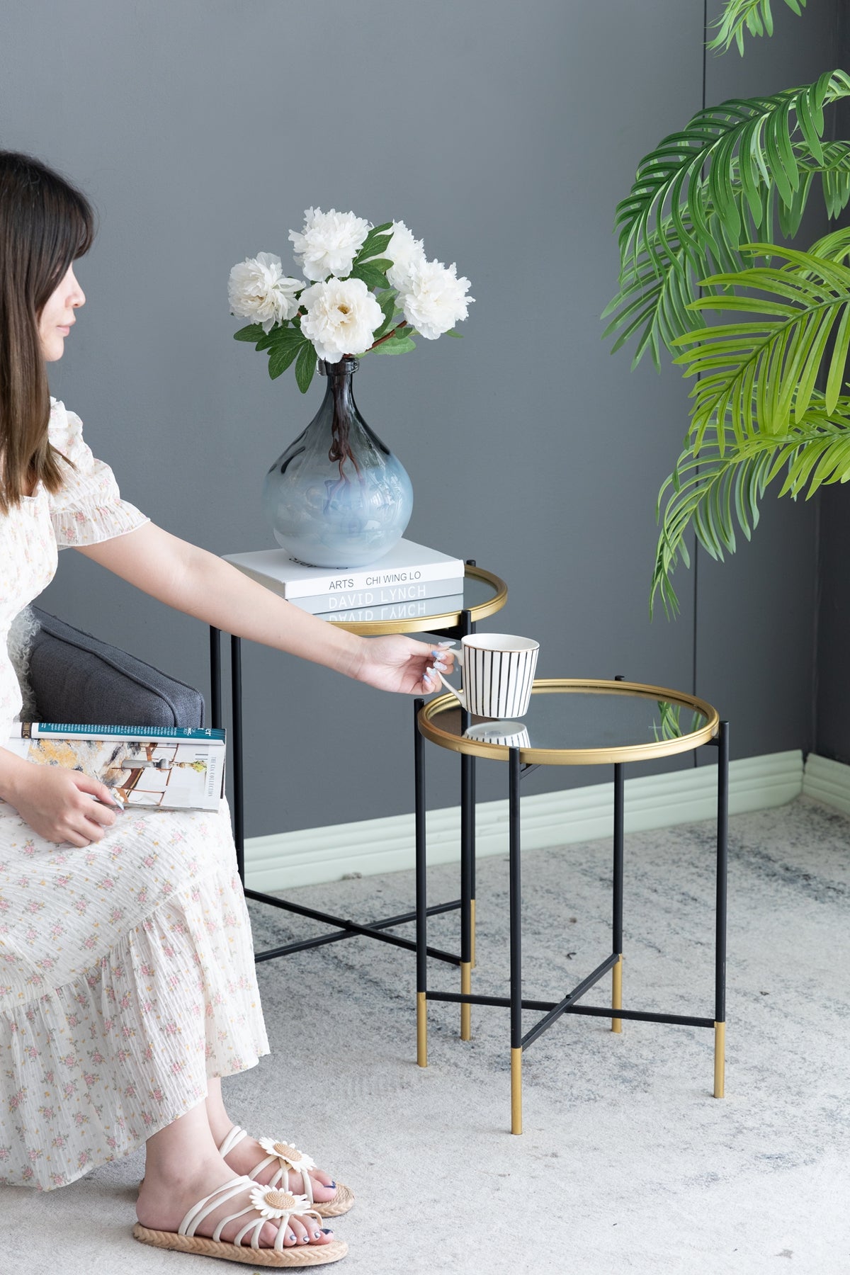 Set of 2 Gold and Black Iron Side Tables with Glass Top