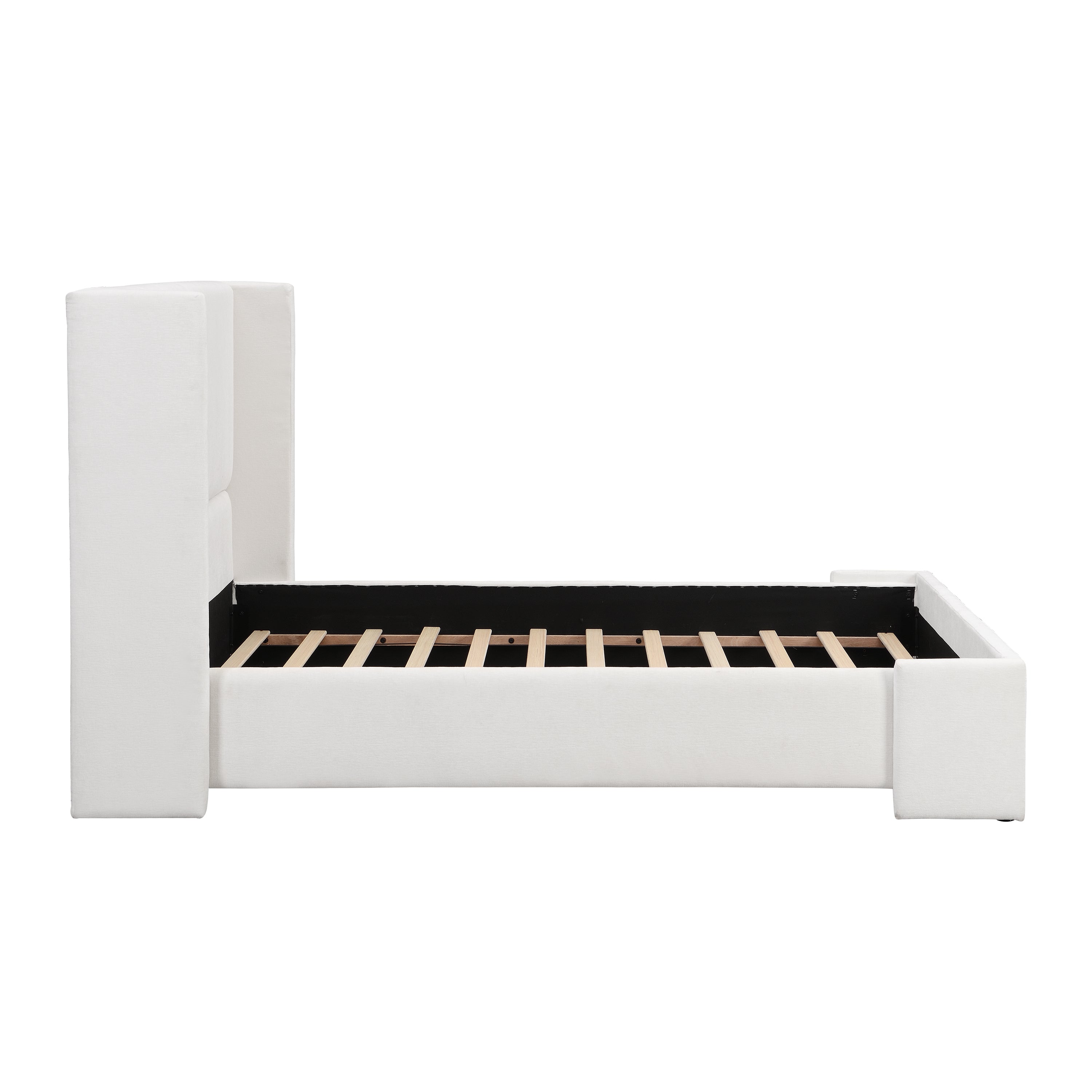 Elegant White Fabric Upholstered Bed with Tall Headboard