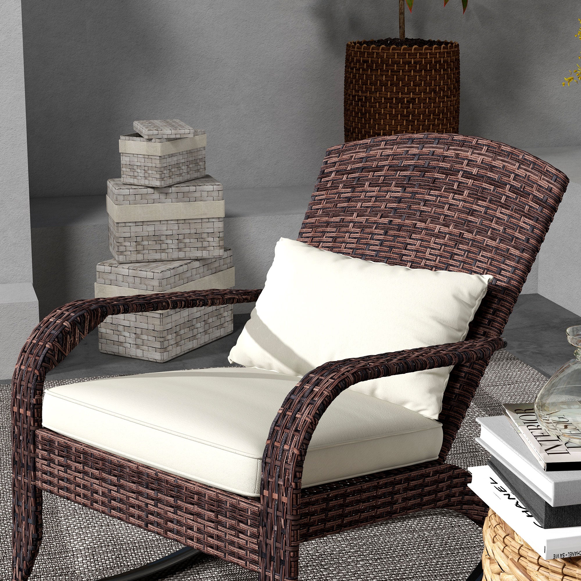 Outdoor Wicker Adirondack Rocking Chair with High Back & Seat Cushion
