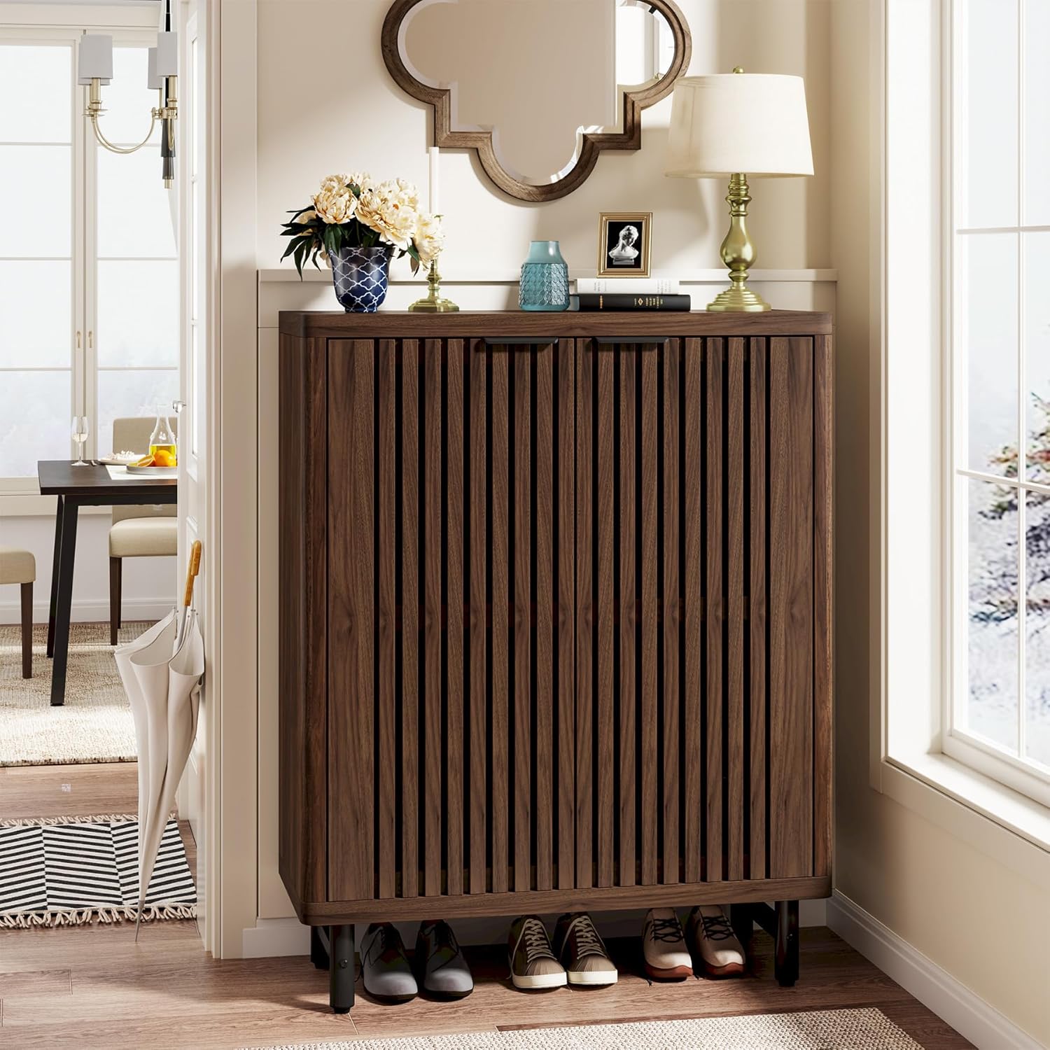 Modern Black Wooden 6-Tier Shoe Cabinet with Louvered Doors