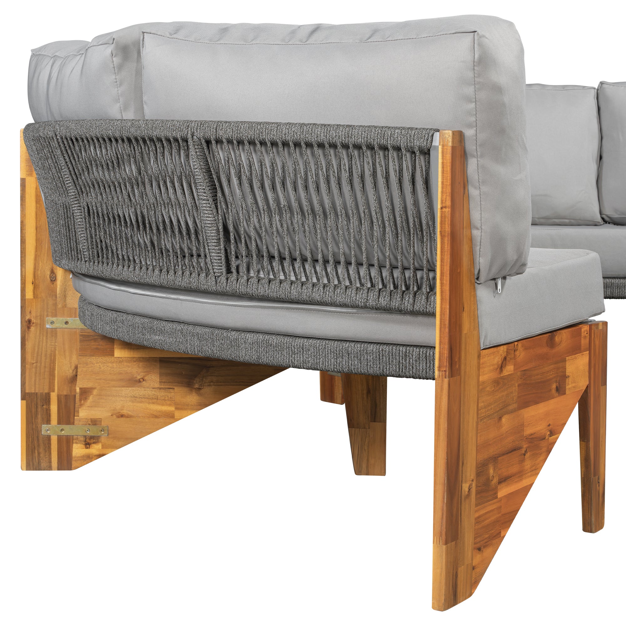 U_Style 3-Piece Outdoor Sofa Set for 6, 2 Semi-Circle Sofas + Acacia Wood Coffee Table, Weather-Resistant Patio Couch Set, Comfortable Garden & Backyard Furniture(old sku:WY000428AAA)