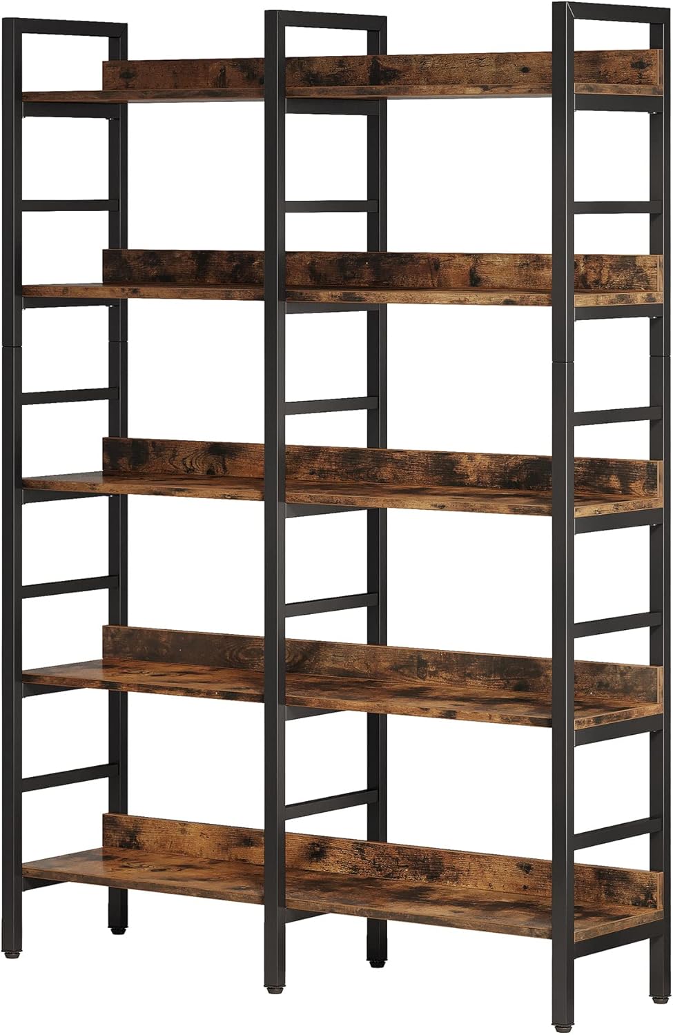 5-Tier Rustic Brown Double Wide Industrial Bookshelf with Metal Frame