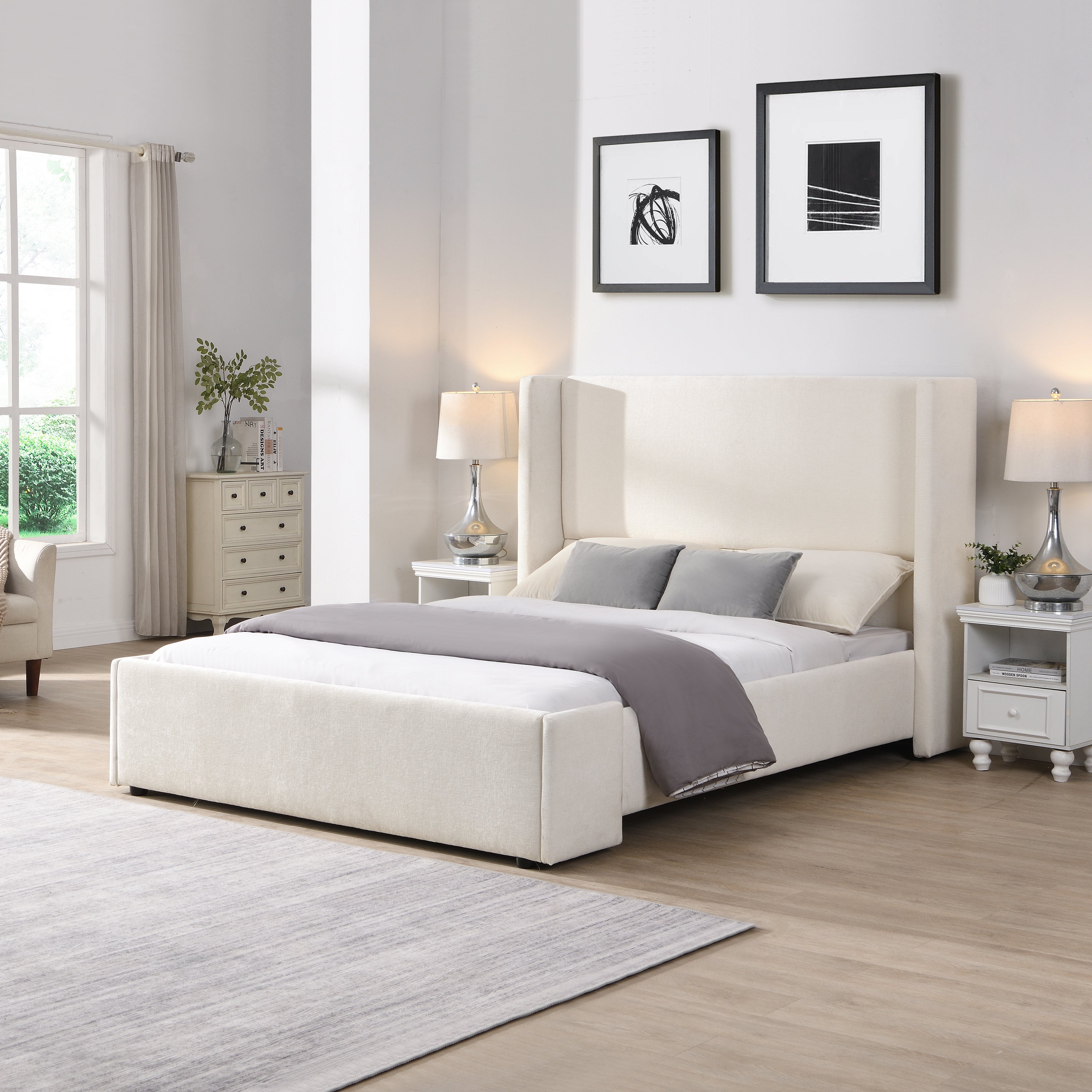 Elegant White Fabric Upholstered Bed with Tall Headboard