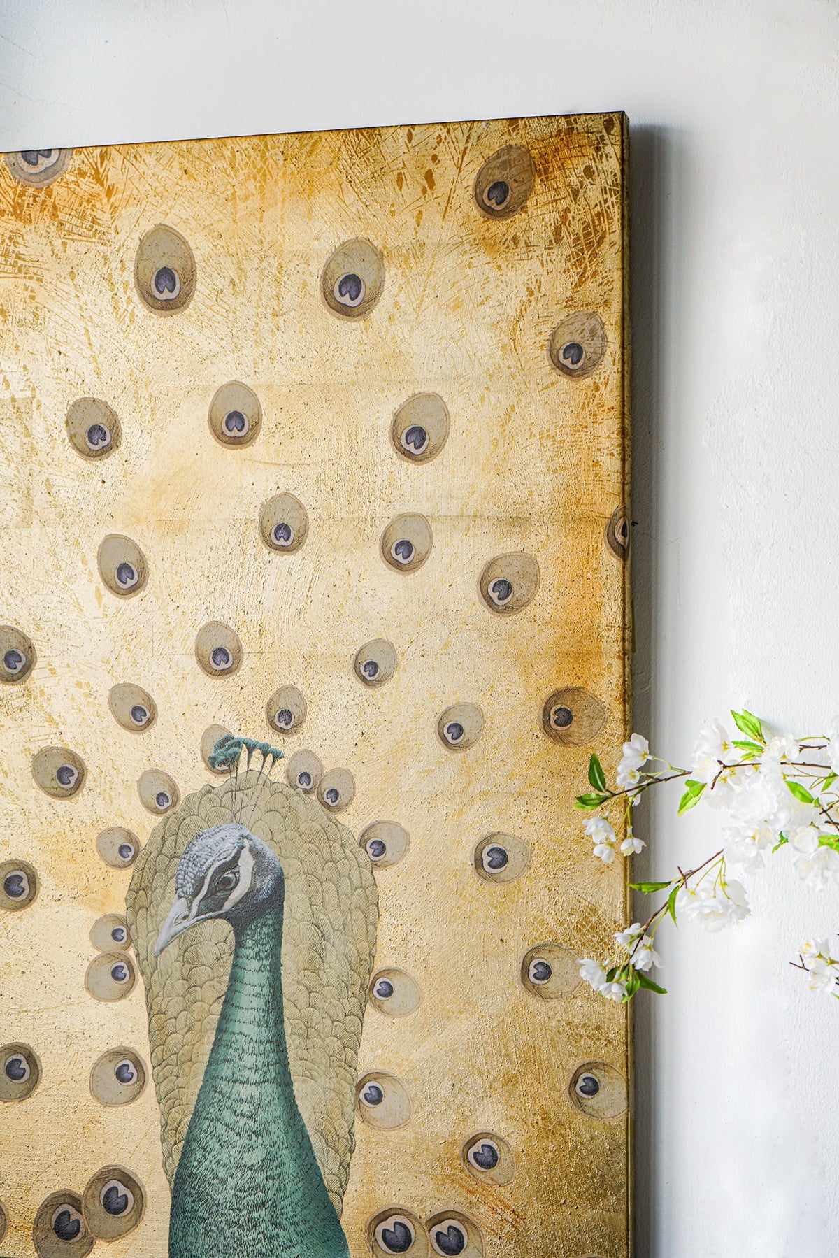Hand-Painted Peacock Wall Art with Textured Gold Background, 30.7" x 46.5"