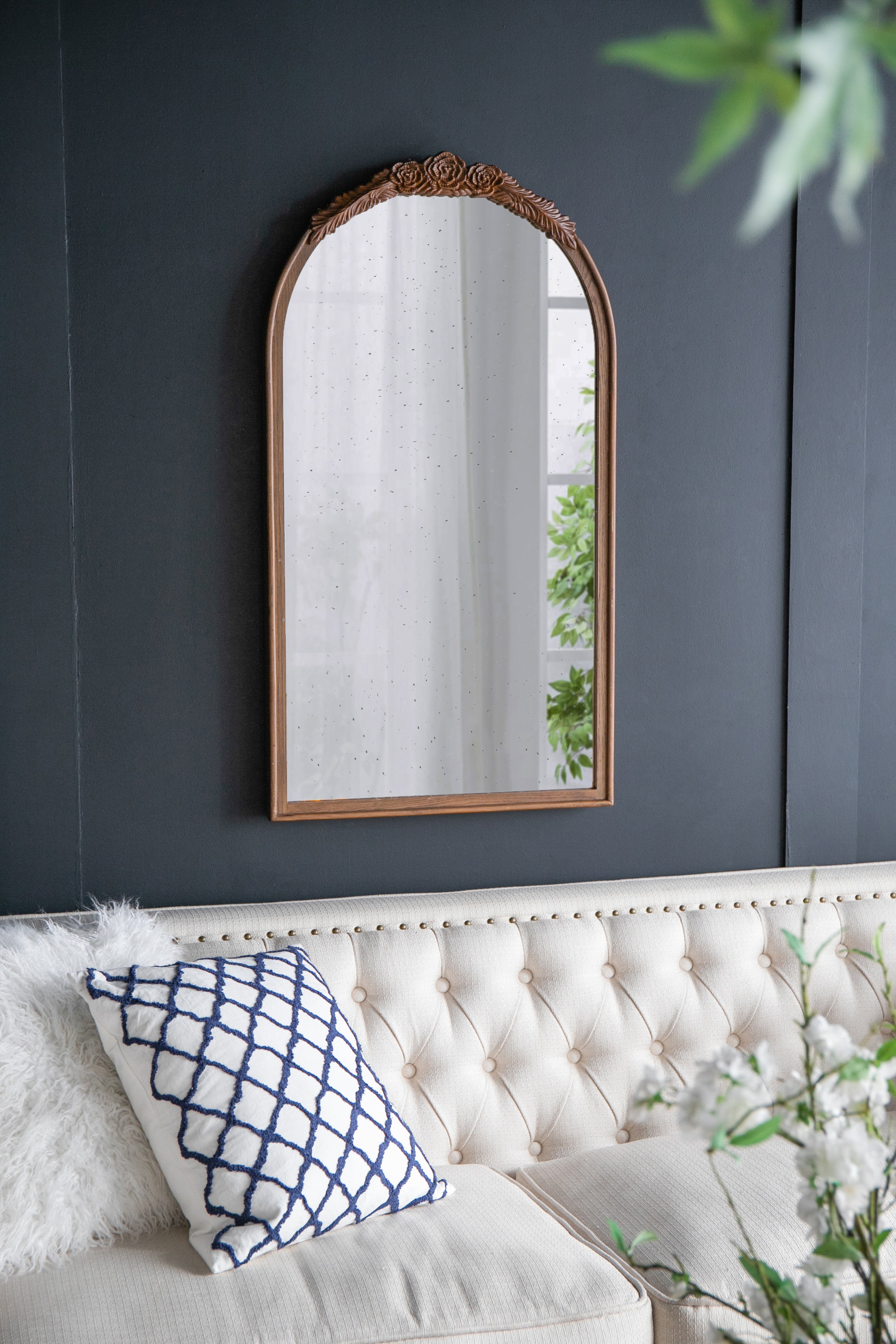 Arched Wall Mirror with Hand Carved Rose