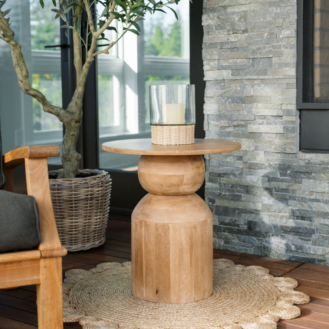 Small Rattan Candleholder outside on CGH Side Table