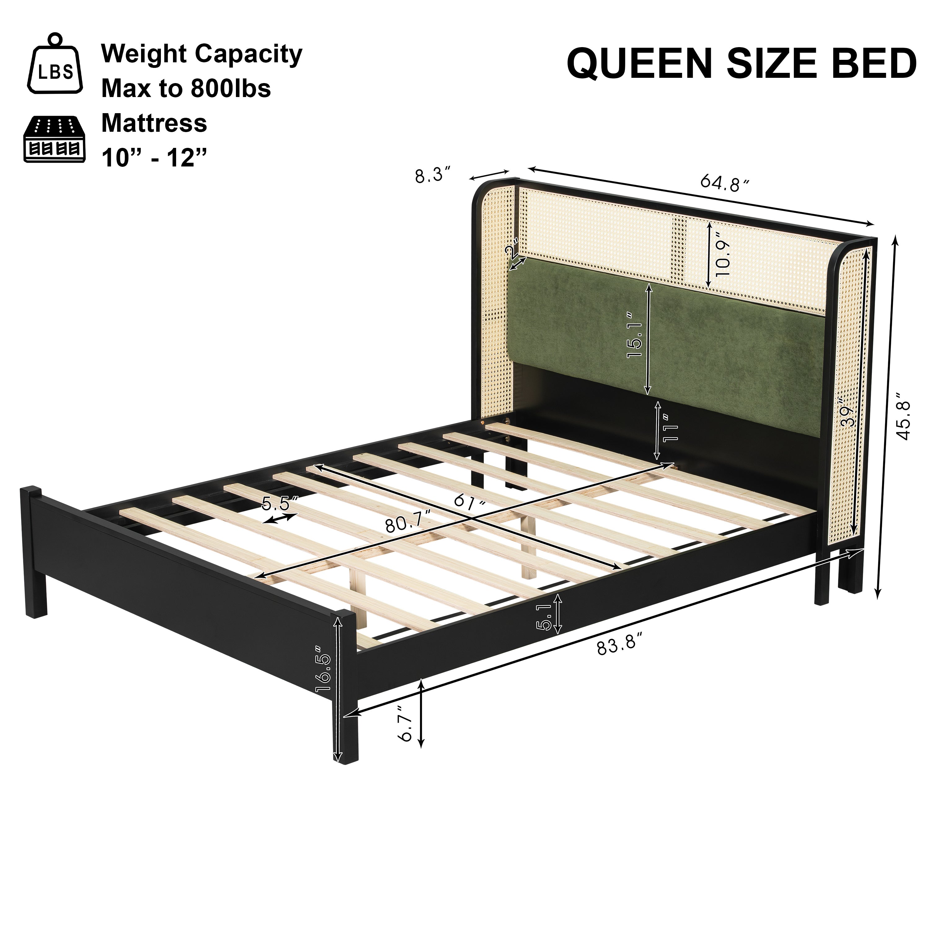 Bed Frame with Solid Wood Headboard, Black with Green