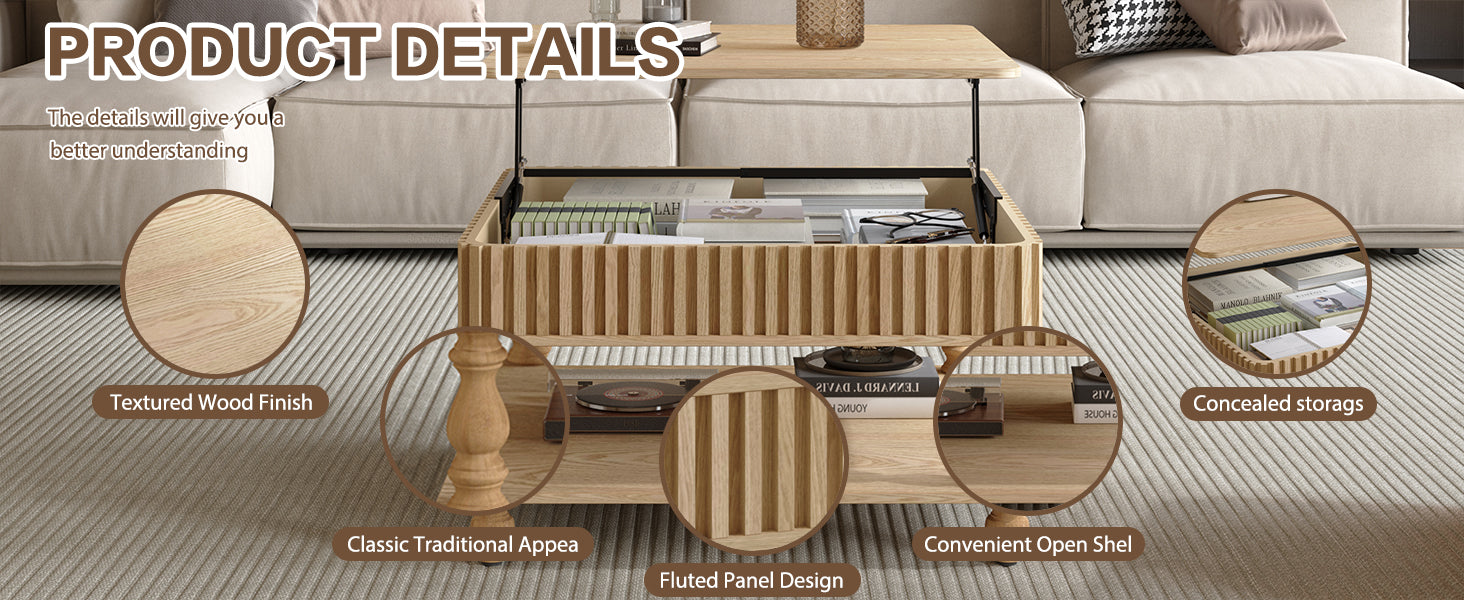 Square Fluted Lift-Top Coffee Table with Hidden & Open Storage