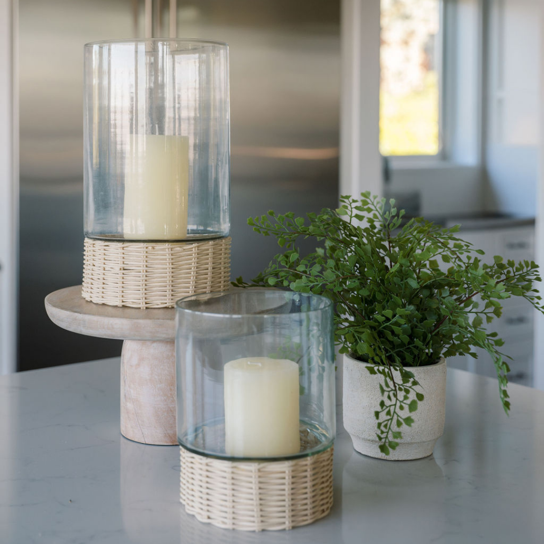 Glass Rattan Candleholders on White Background