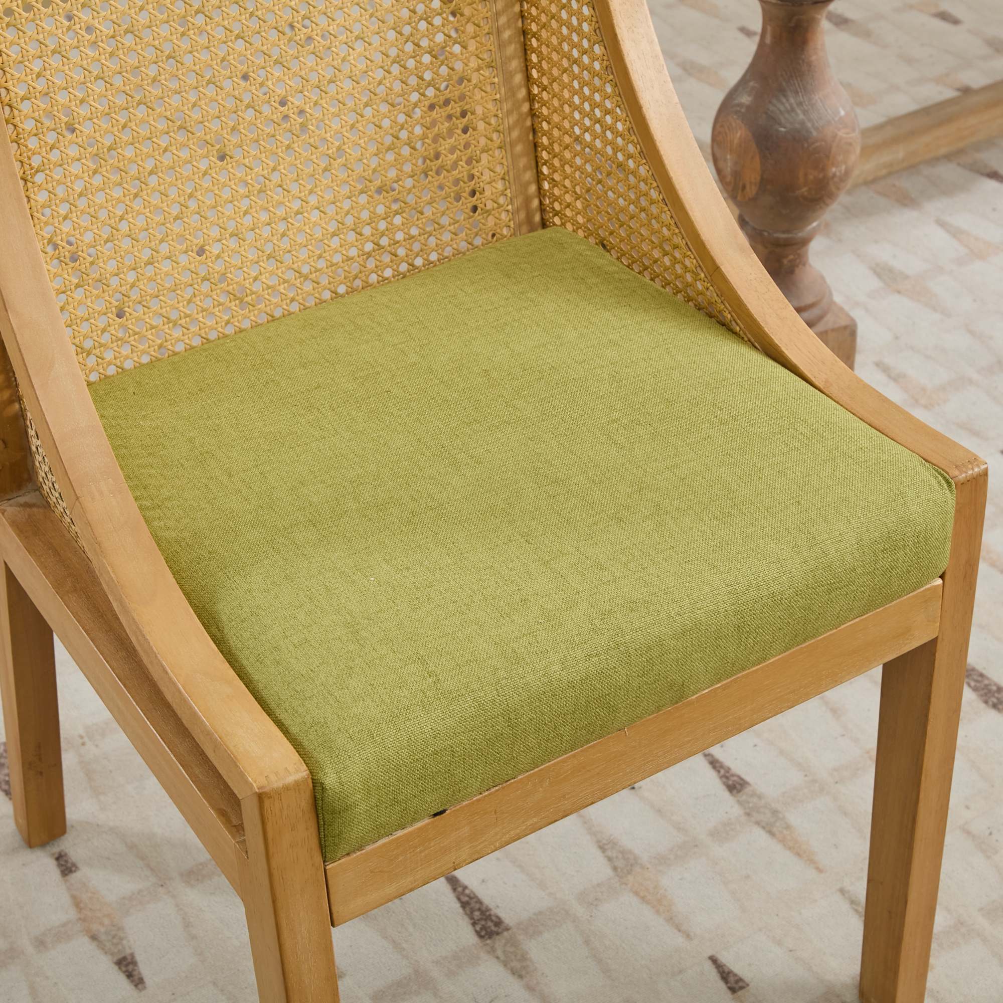 Linen Upholstered Rattan Dining Chair with Decorative Armrests
