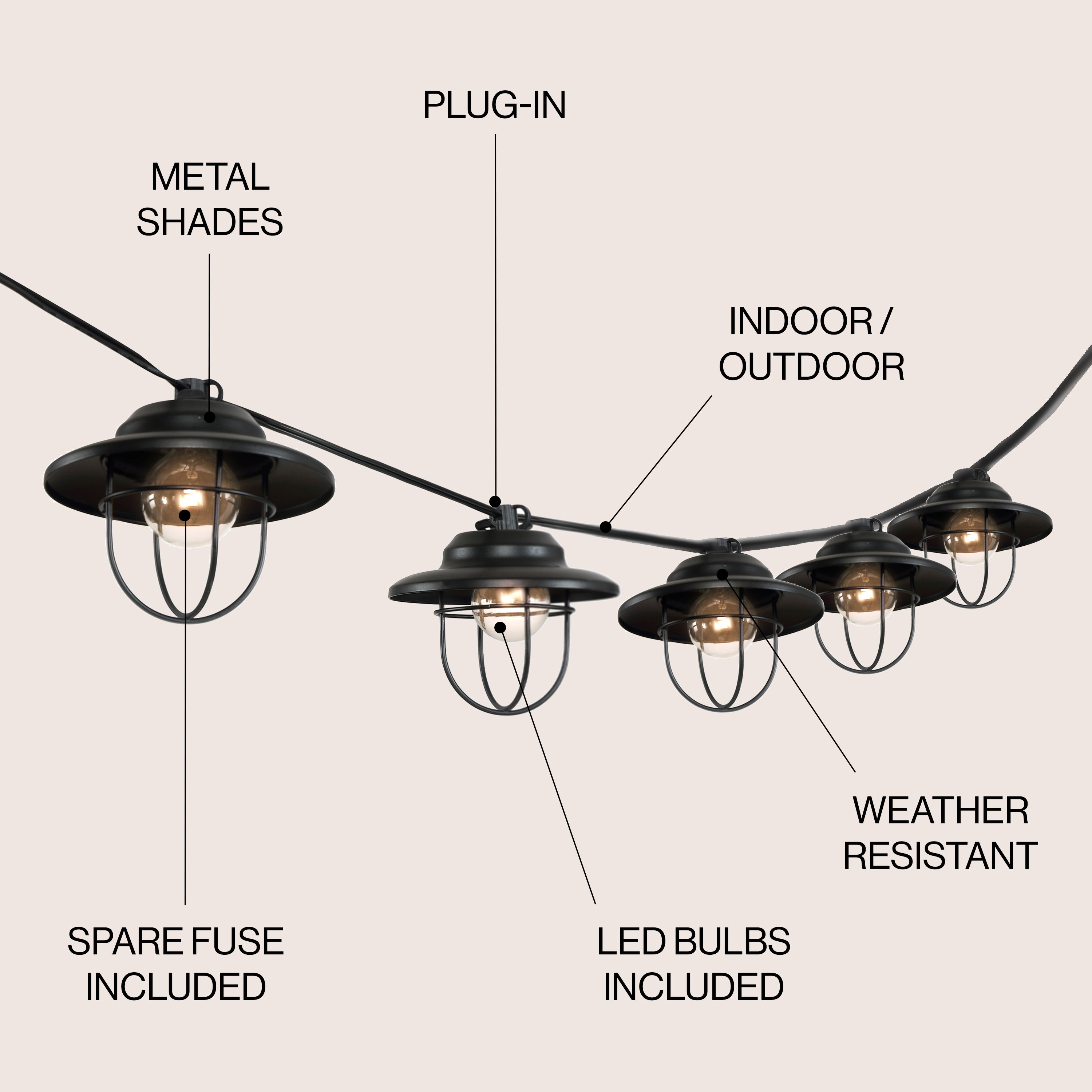 10-Light Indoor/Outdoor Rustic Farmhouse Incandescent G40 Metal Cage Shade String LightS