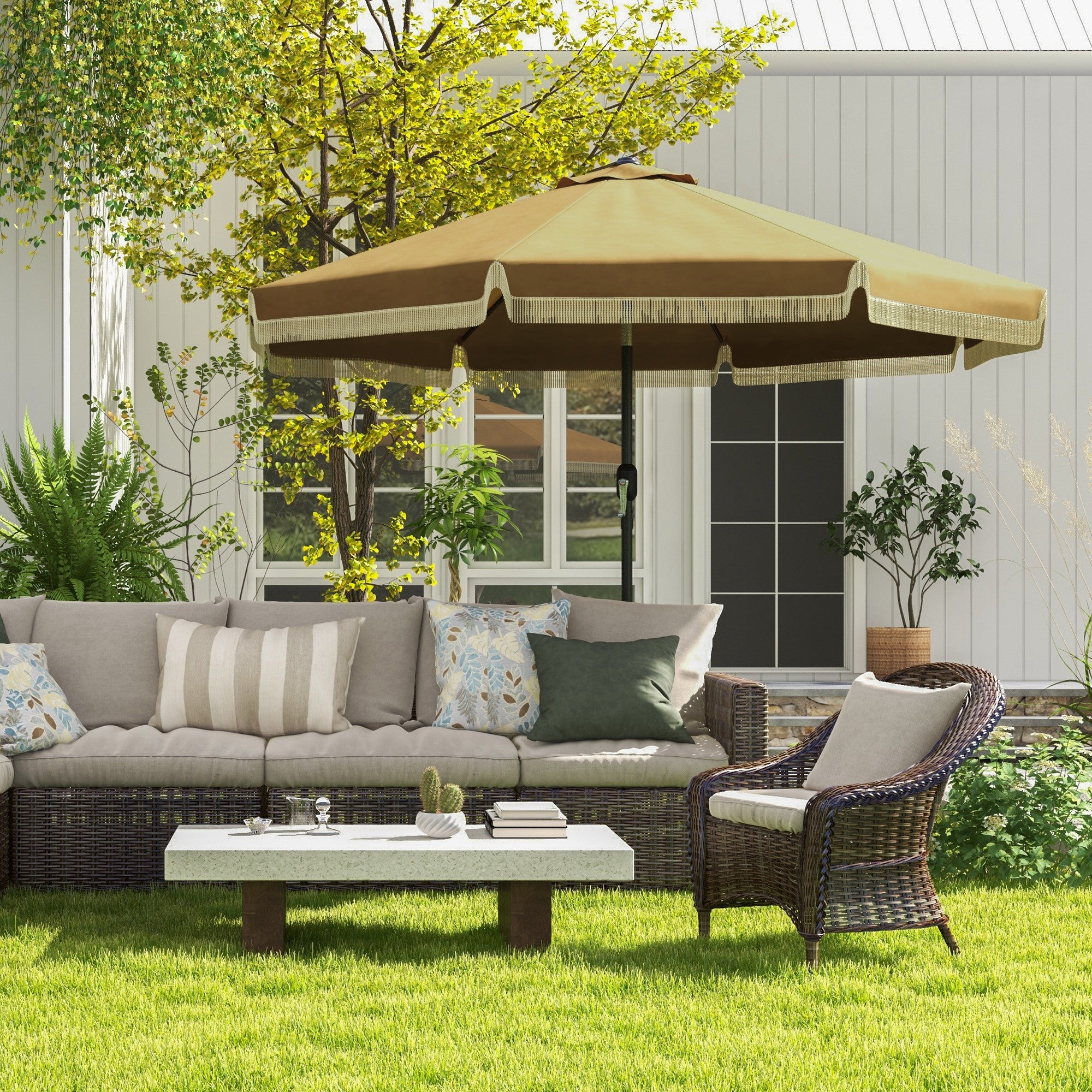 9' Fringe Edge Patio Umbrella with Push Button Tilt and Crank