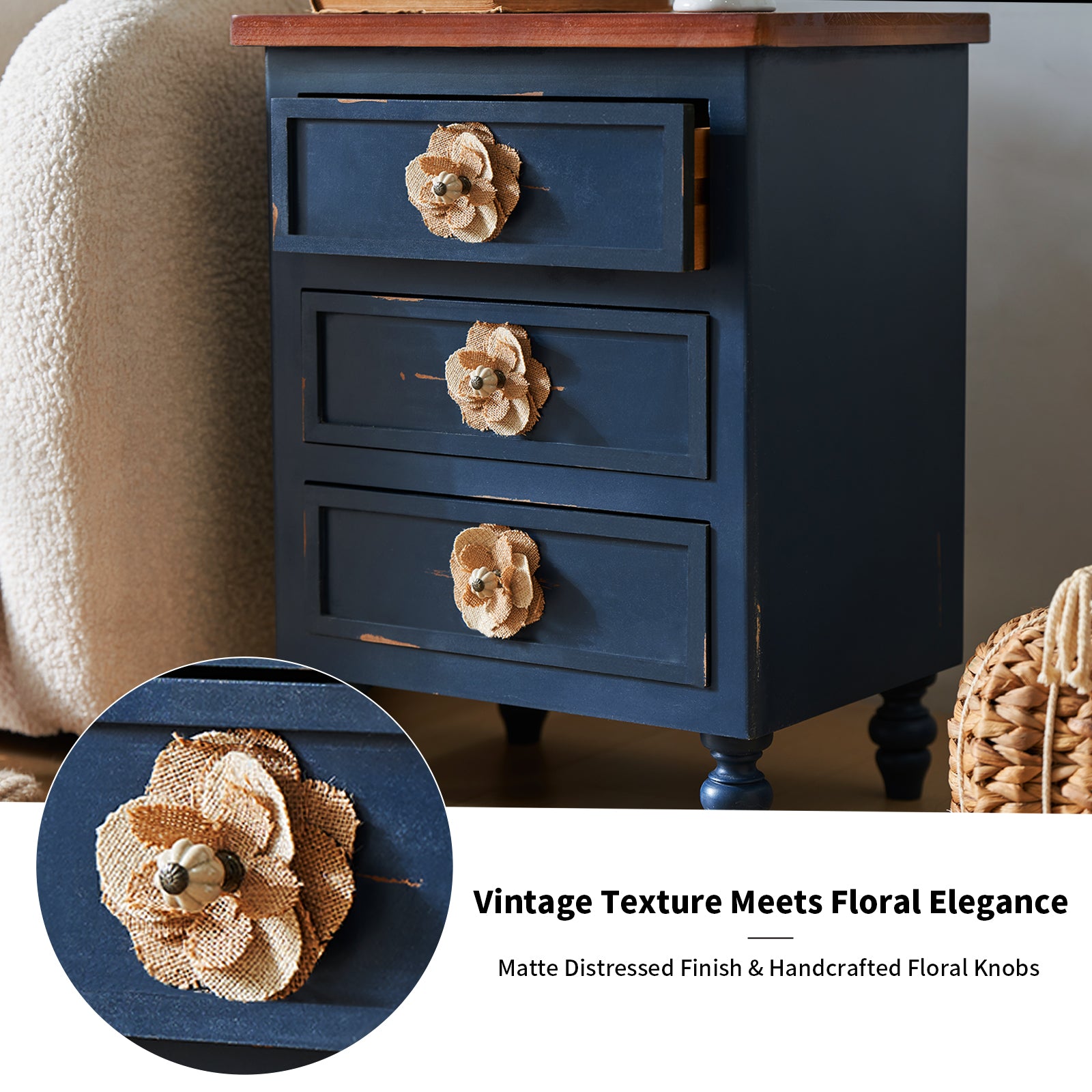 Vintage Farmhouse End Table with Floral Knobs