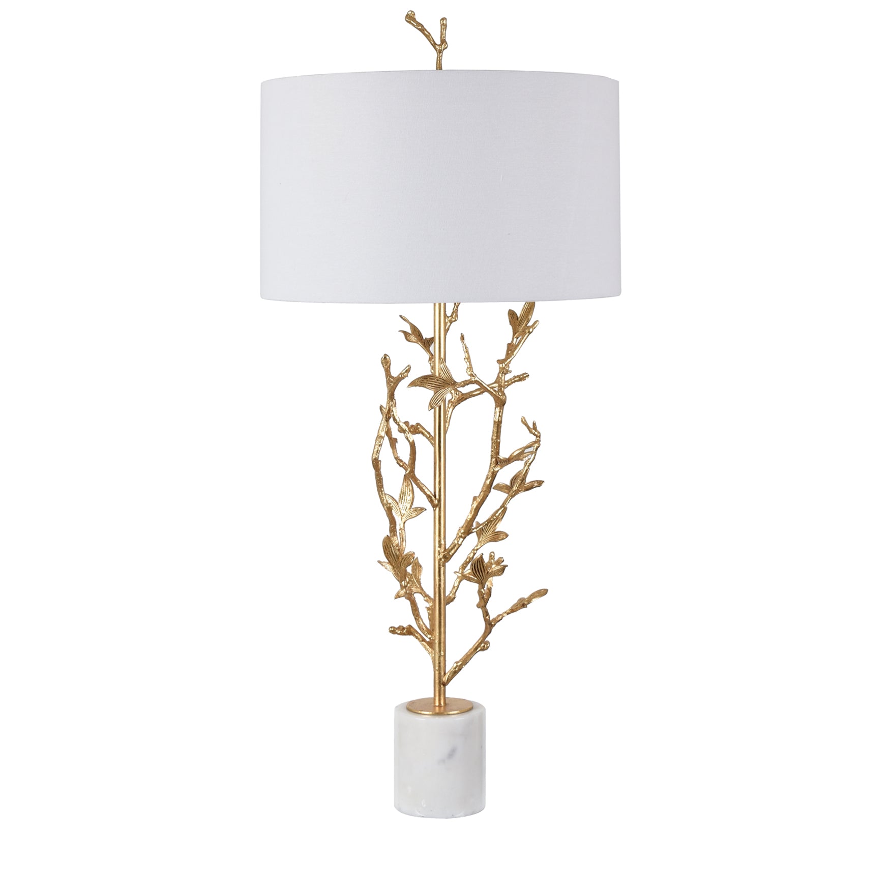 Sculpted Botanical Gold Metal Table Lamp with White Linen Shade