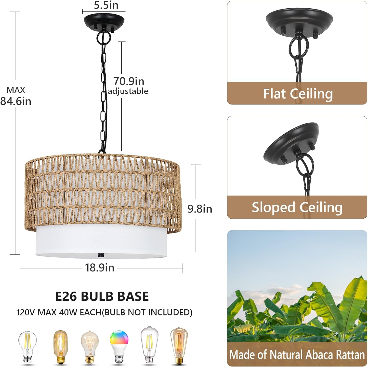 5-Light Rattan Chandelier with Fabric Shade and Adjustable Height