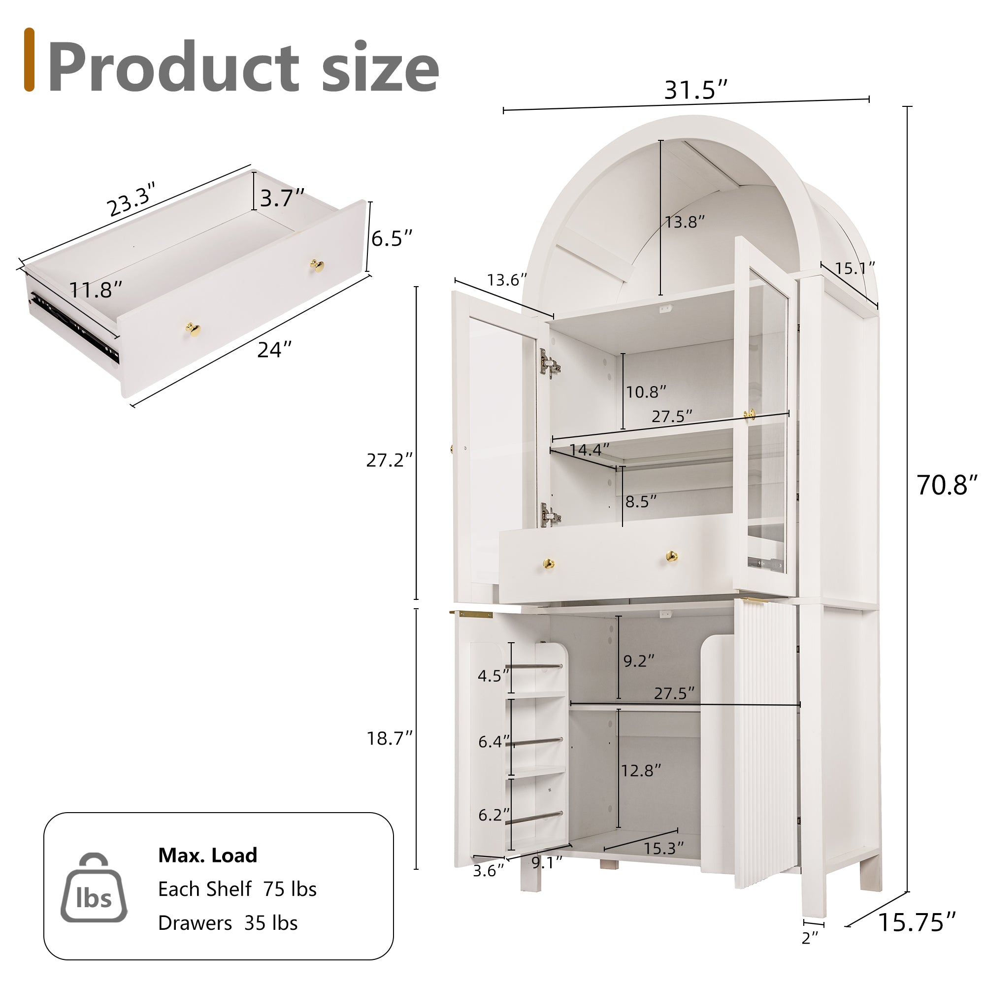 Fluted Arched Storage Cabinet with Adjustable Shelves