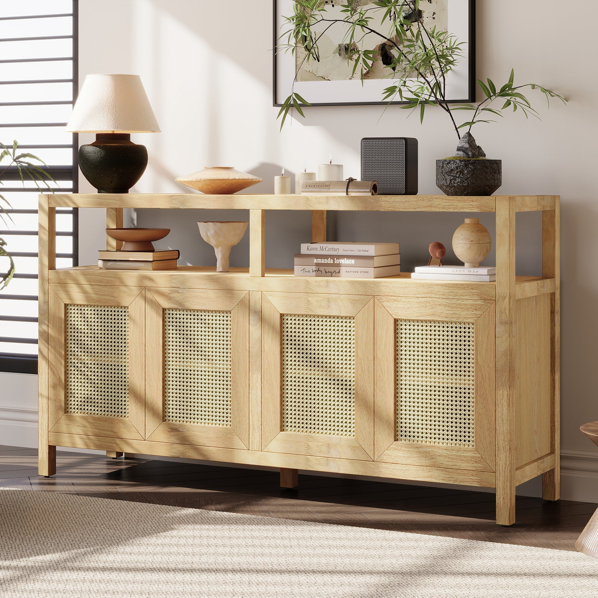 Boho Rattan Buffet Storage Cabinet with Solid Wood Frame