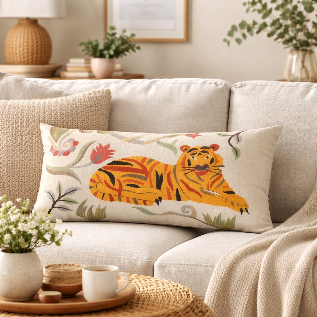 Floral Safari Tiger Pillow