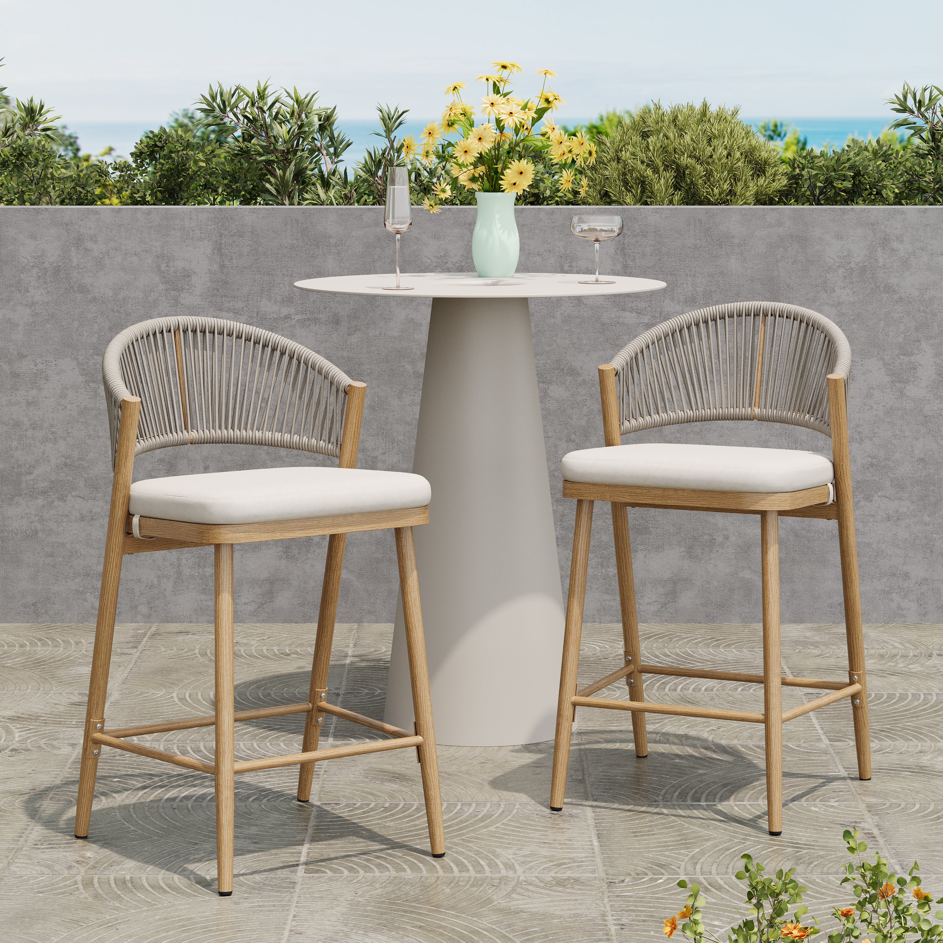 Outdoor Metal Frame Stools with Scallop-Shaped Backrest & Water-Resistant Cushions, Set of 2