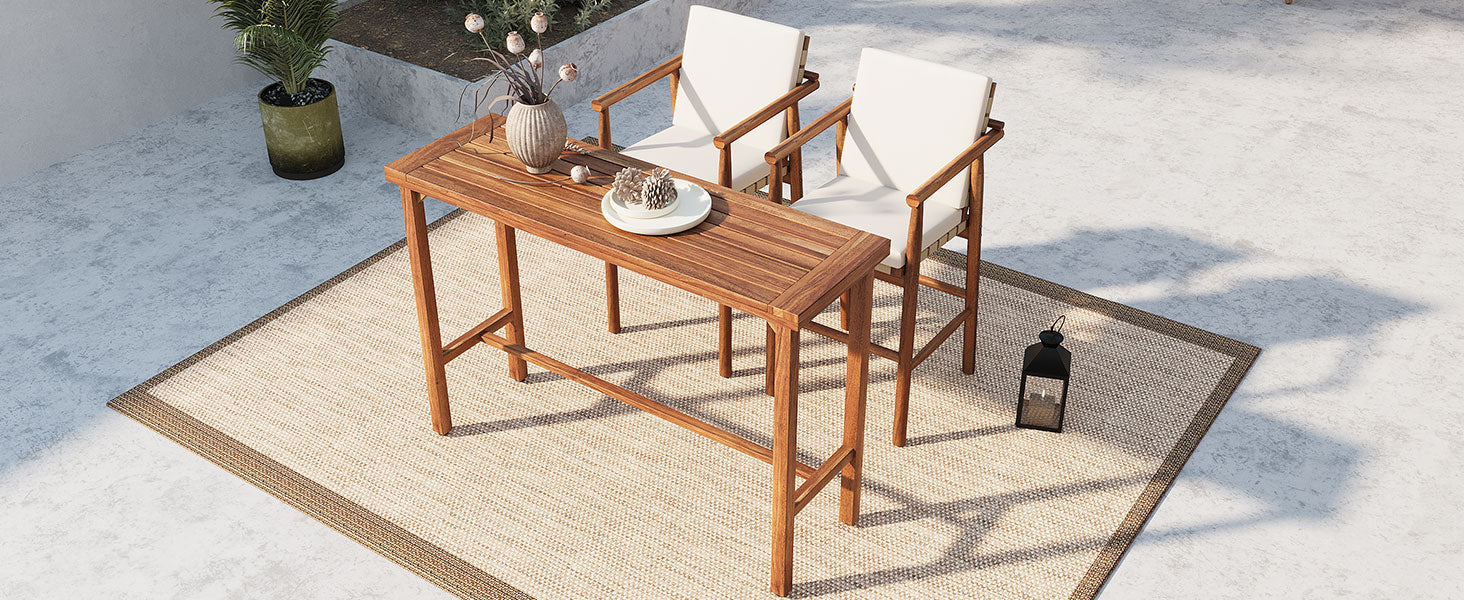 3 Piece Outdoor Bar Set with Acacia Wood Bar Height Table & 2 Stools with Cushions