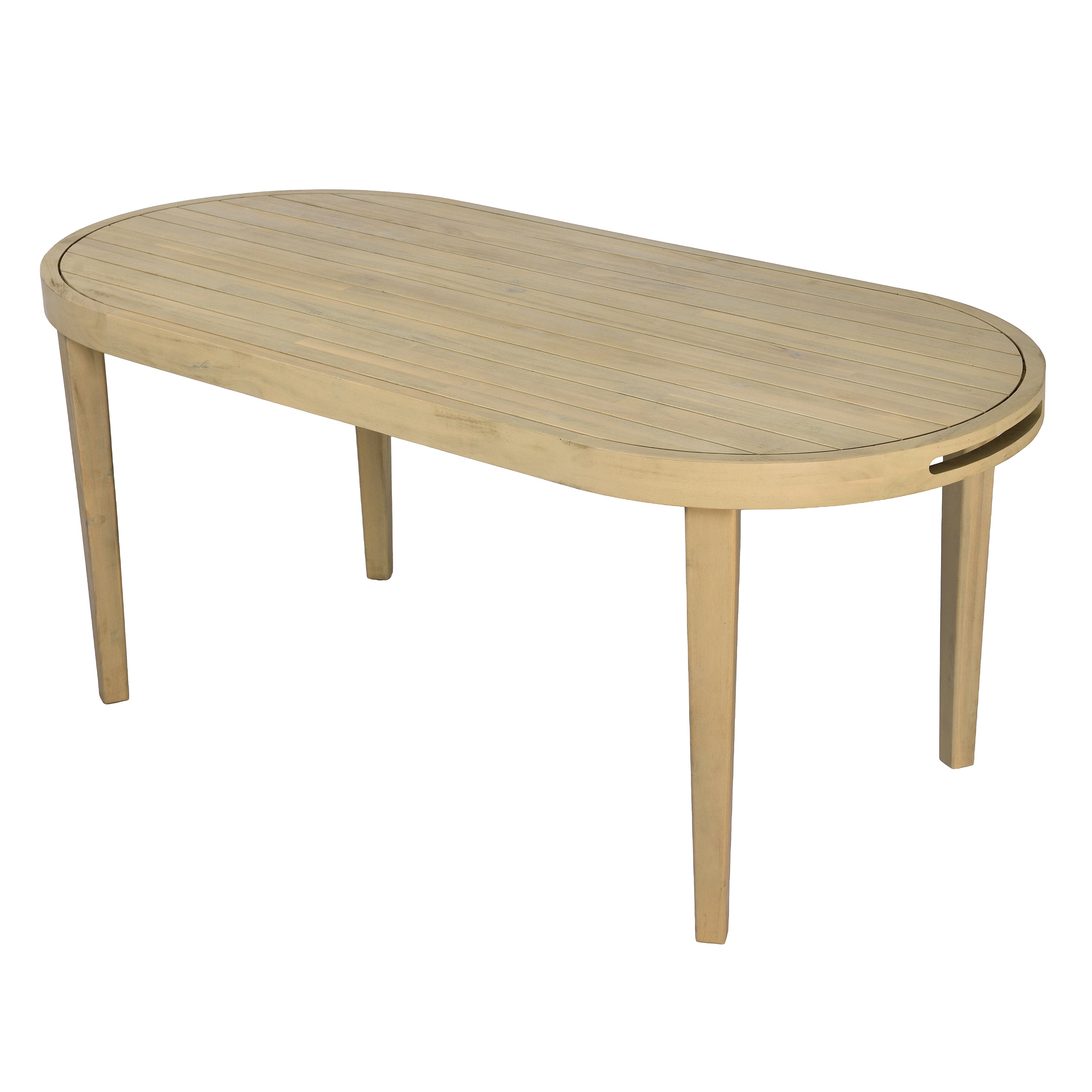 70" Oval Acacia Wood Outdoor Dining Table with Slatted Top, Weathered Finish