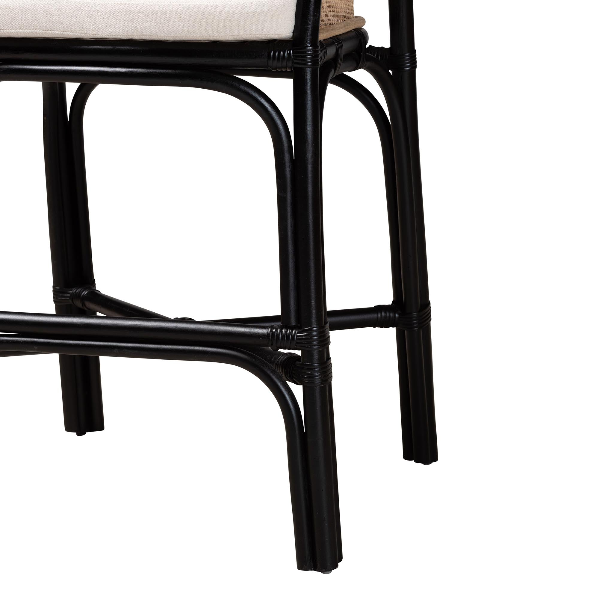 Modern Bohemian Two-Tone Black and Natural Brown Rattan Counter Stool
