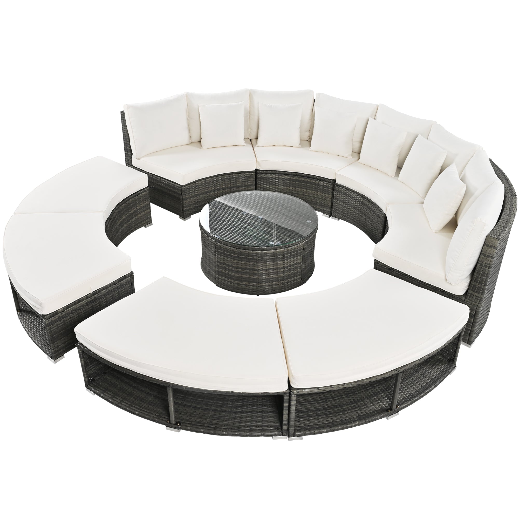 9-Piece Outdoor Circular Sofa Set with Tempered Glass Coffee Table and 6 Pillows