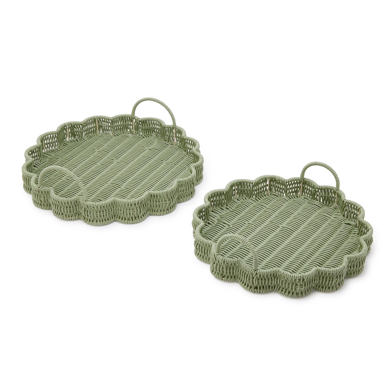 All Weather Wicker Scalloped Edge Green Round Serving Tray, Set of 2