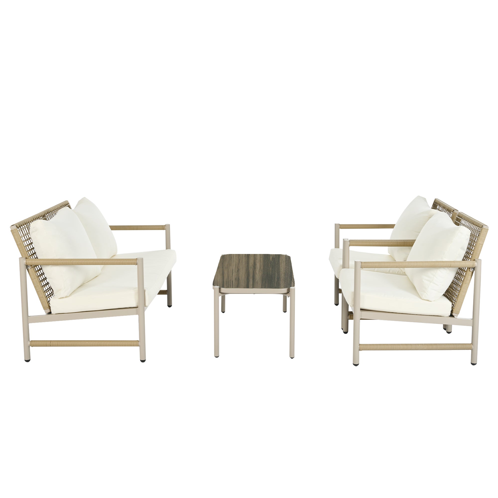 4-Piece PE Rattan Patio Set with Glass Tabletop, Loveseat and 2 Single Sofas