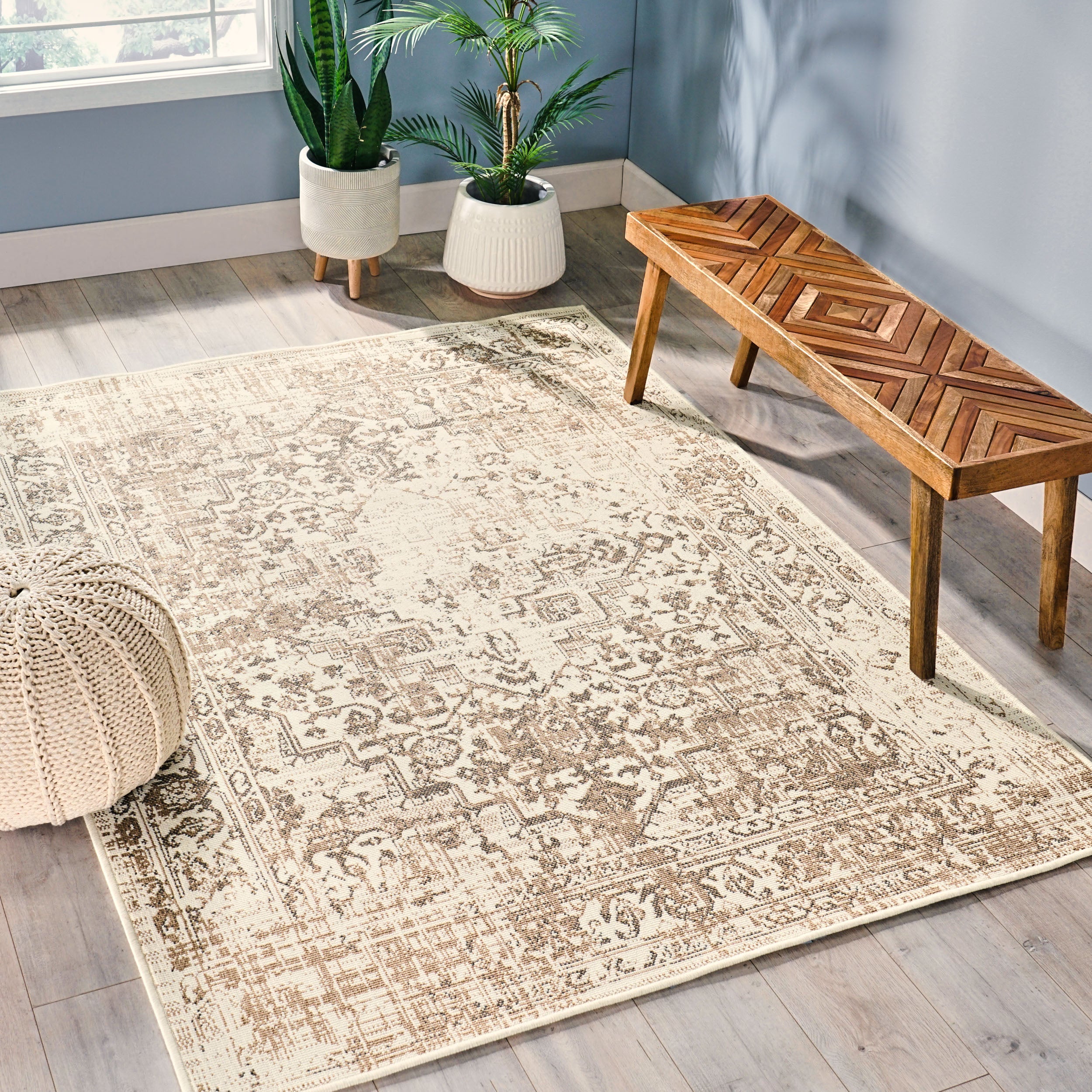 84" x 63" Outdoor Rug with Rectangle Shape and Vintage-Inspired Pattern