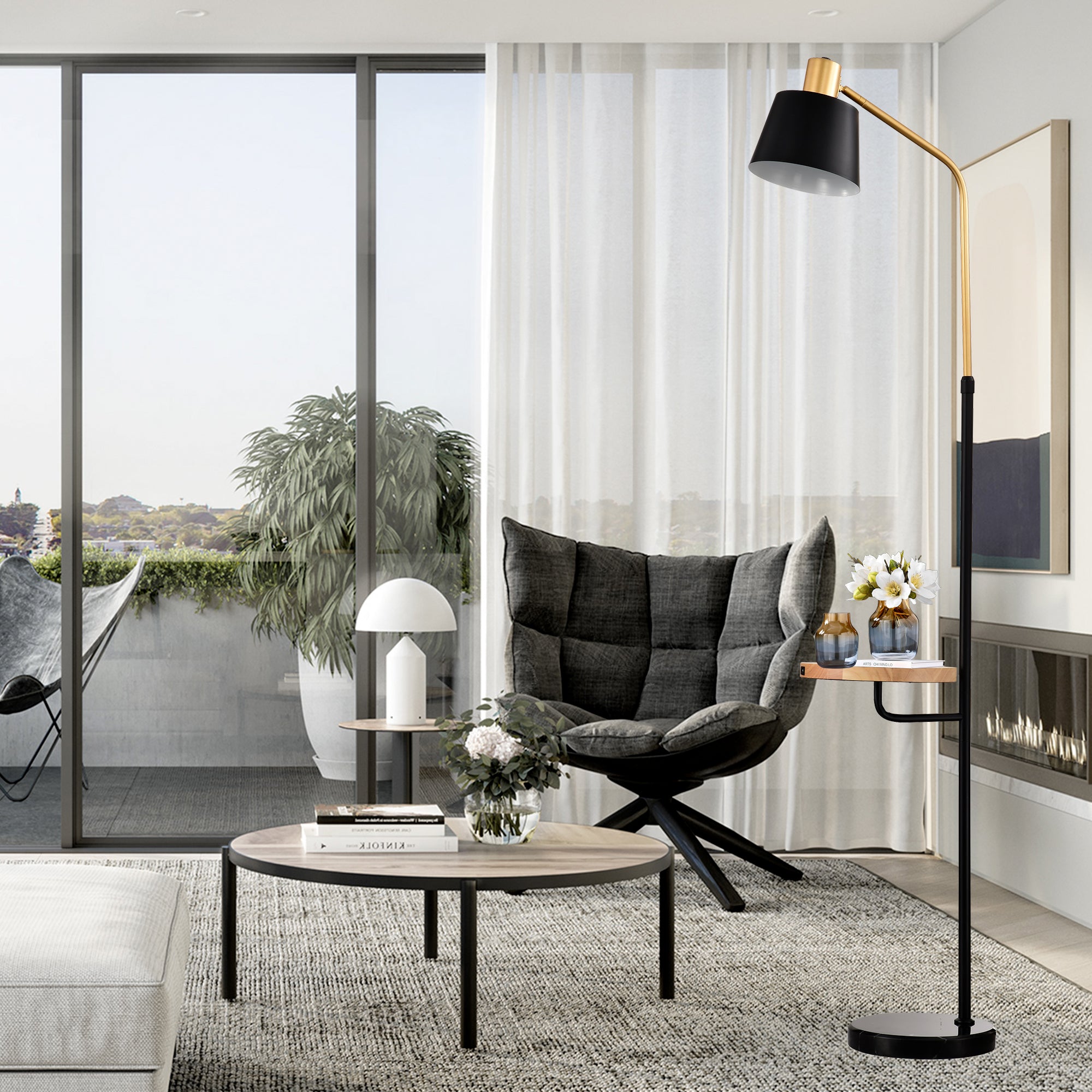 Floor Lamp with Wood Table and Built-in USB Charging Port