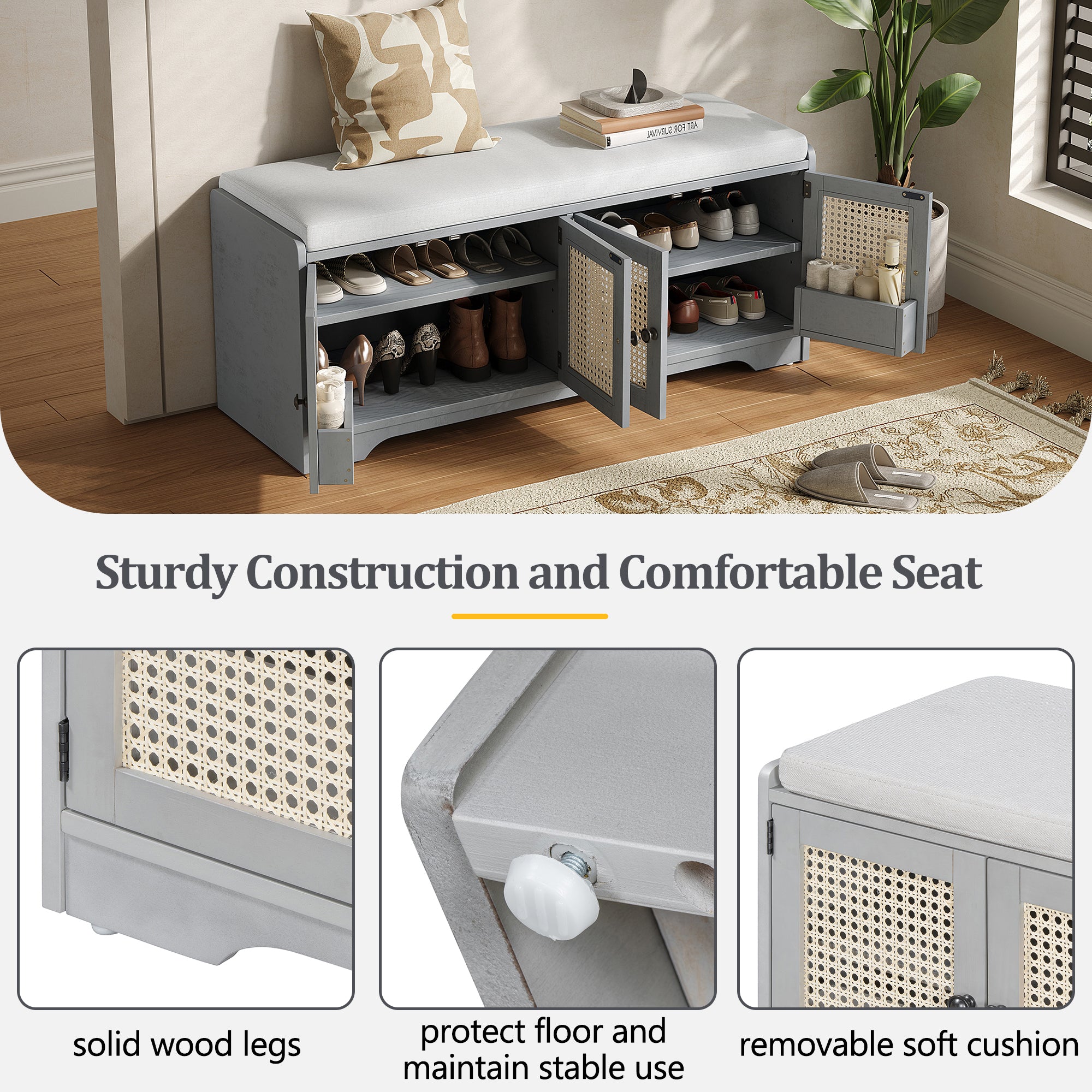 Storage Bench with Rattan Doors