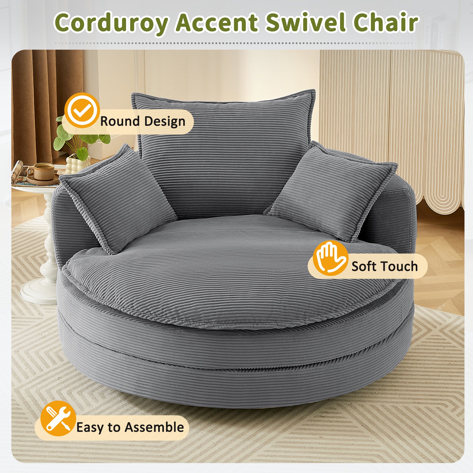 Corduroy 360° Swivel Accent Barrel Chair with 3 Removable Pillows