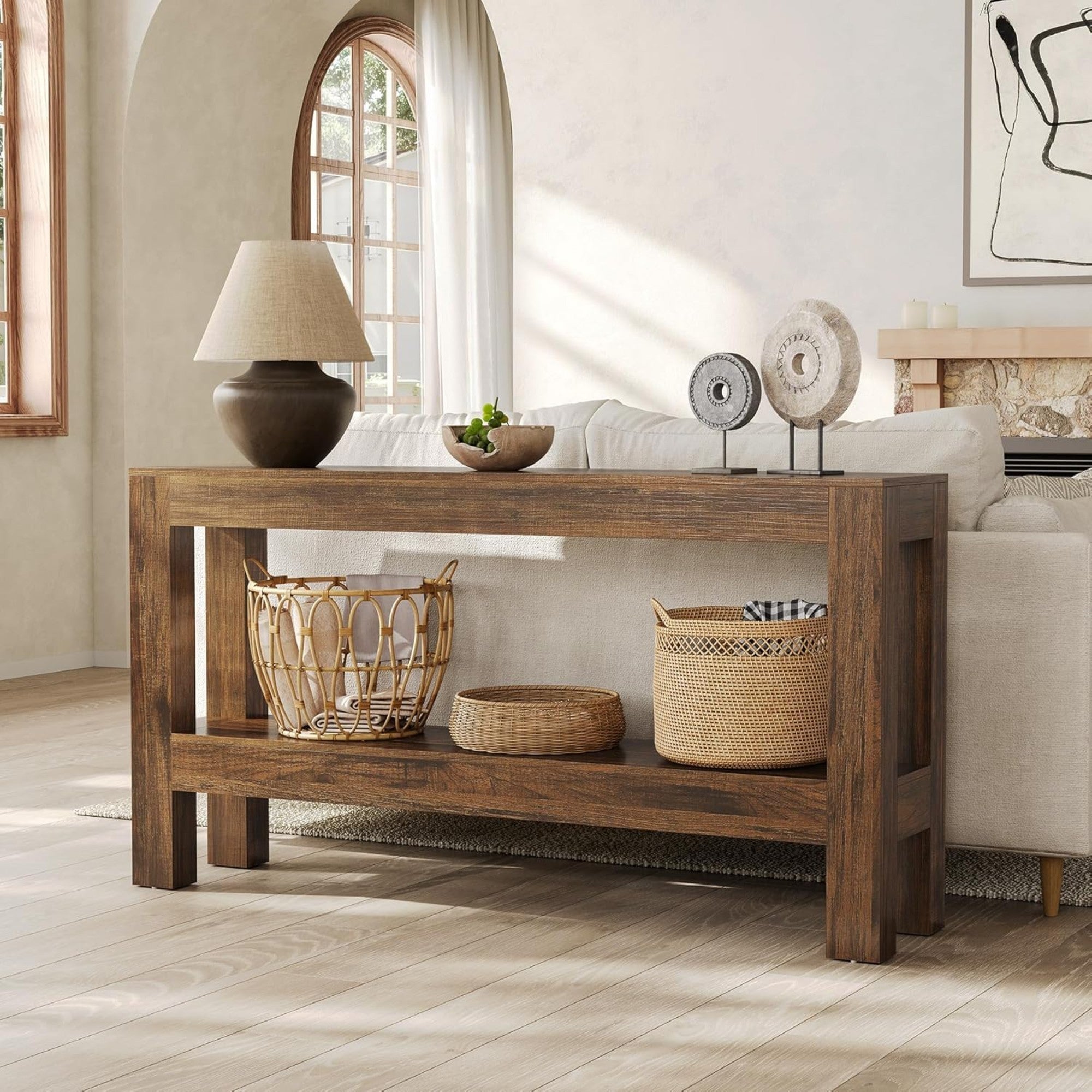 Farmhouse 2-Tier Brown Narrow Wood Console Table with Storage