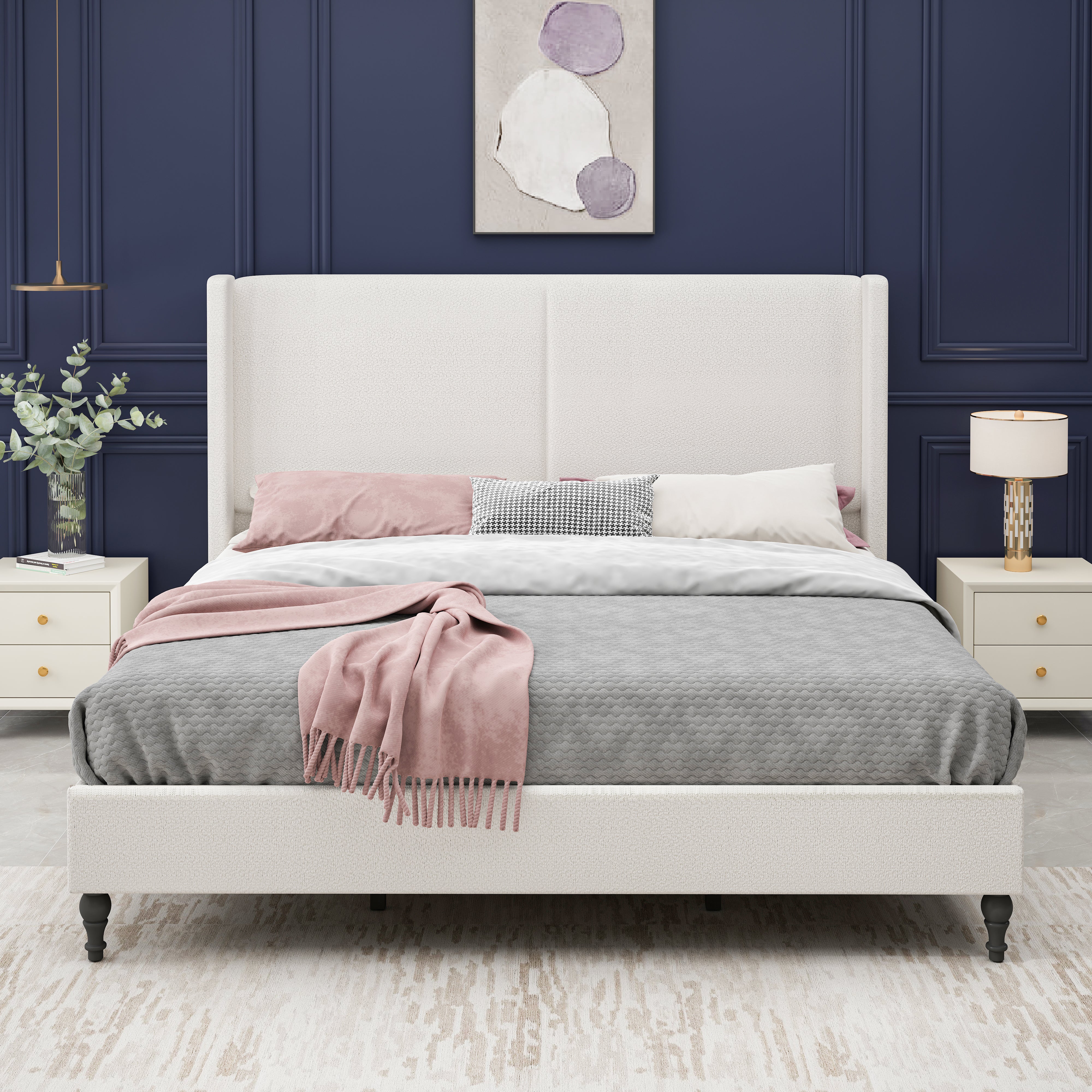 Bed Frame with 55.5"High Back Boucle Upholstered Headboard