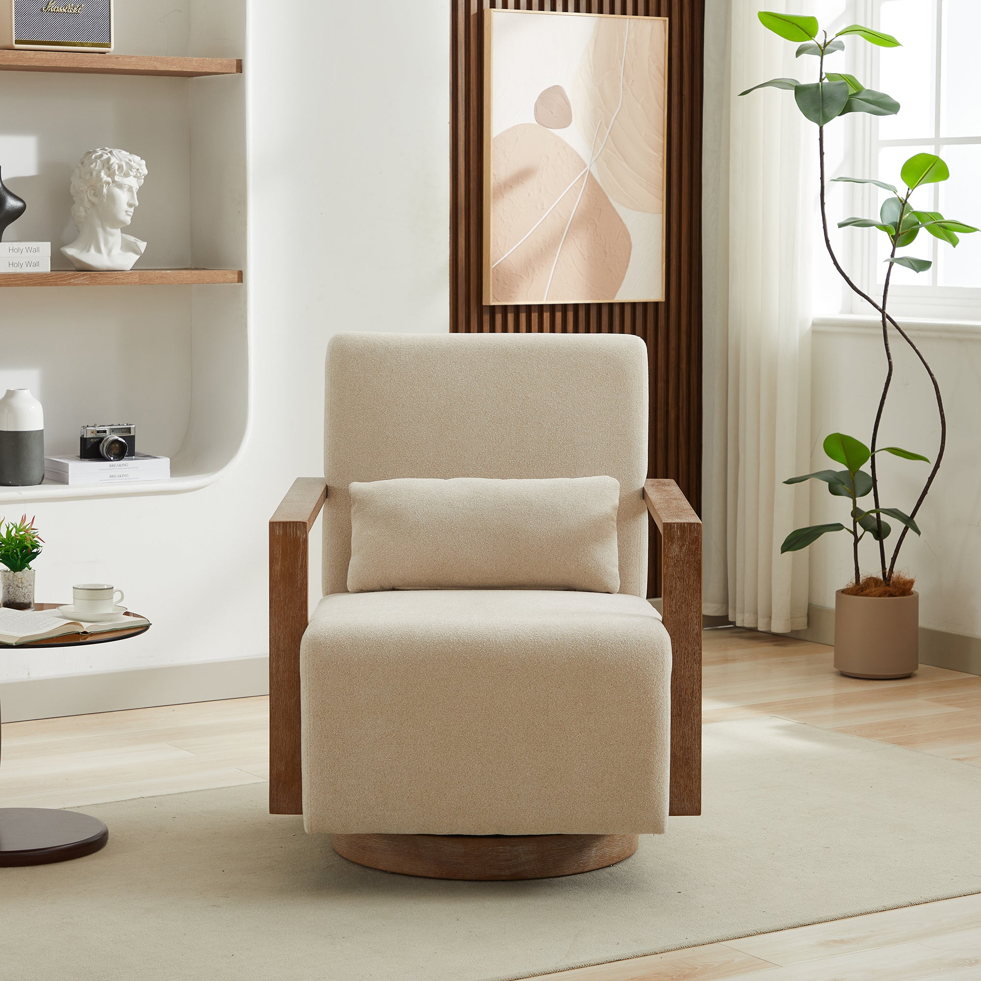 Swivel Modern Upholstered Accent Chair with Solid Wood Armrests