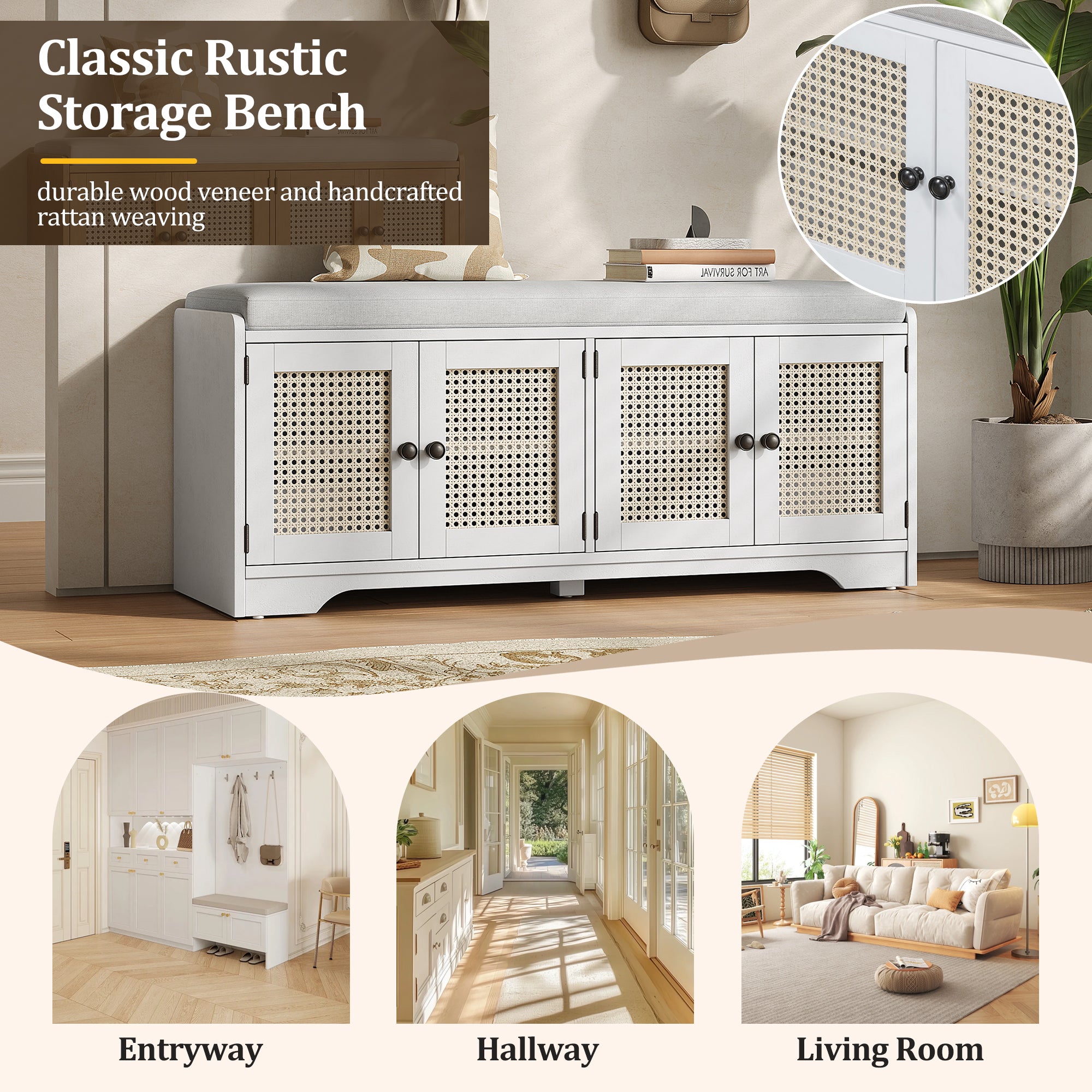 Storage Bench with Rattan Doors