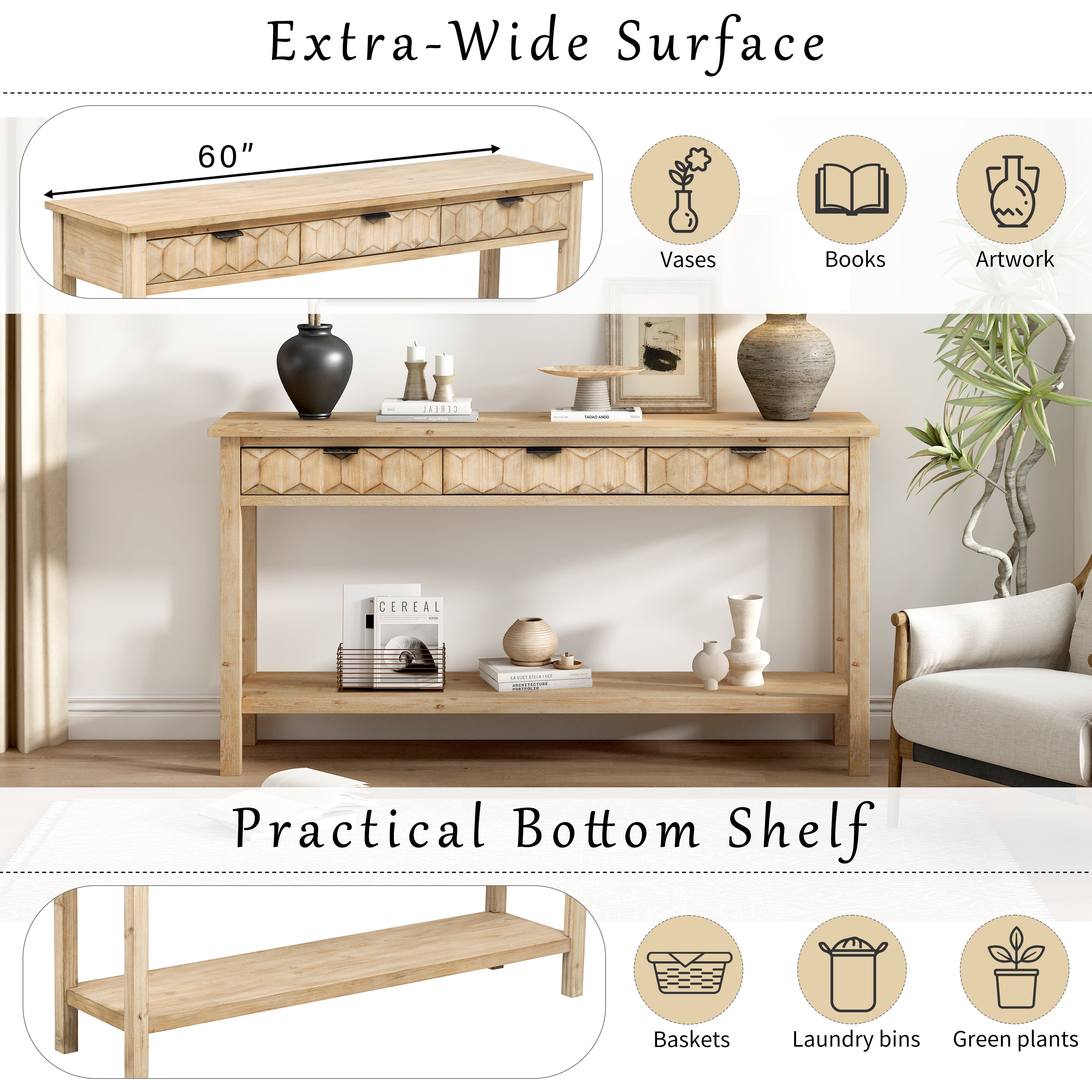 Honeycomb Pattern Console Table with 3 Drawers